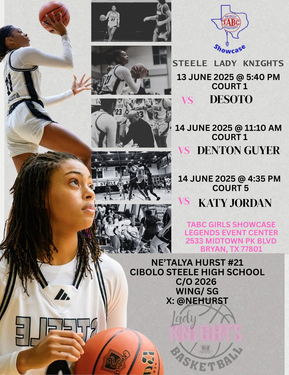 Ne’talya Hurst (@nehurst) on Twitter photo I'm excited to get on the court and compete with <a href="/slkbasketball/">Steele Girls Bball</a>. Here is our schedule for the <a href="/Tabchoops/">𝙏𝘼𝘽𝘾🏀📋</a> Showcase. ❤️🏀 <a href="/SAFinestbball/">SA Finest Basketball</a> I'm excited to get on the court and compete with <a href="/slkbasketball/">Steele Girls Bball</a>. Here is our schedule for the <a href="/Tabchoops/">𝙏𝘼𝘽𝘾🏀📋</a> Showcase. ❤️🏀 <a href="/SAFinestbball/">SA Finest Basketball</a>
