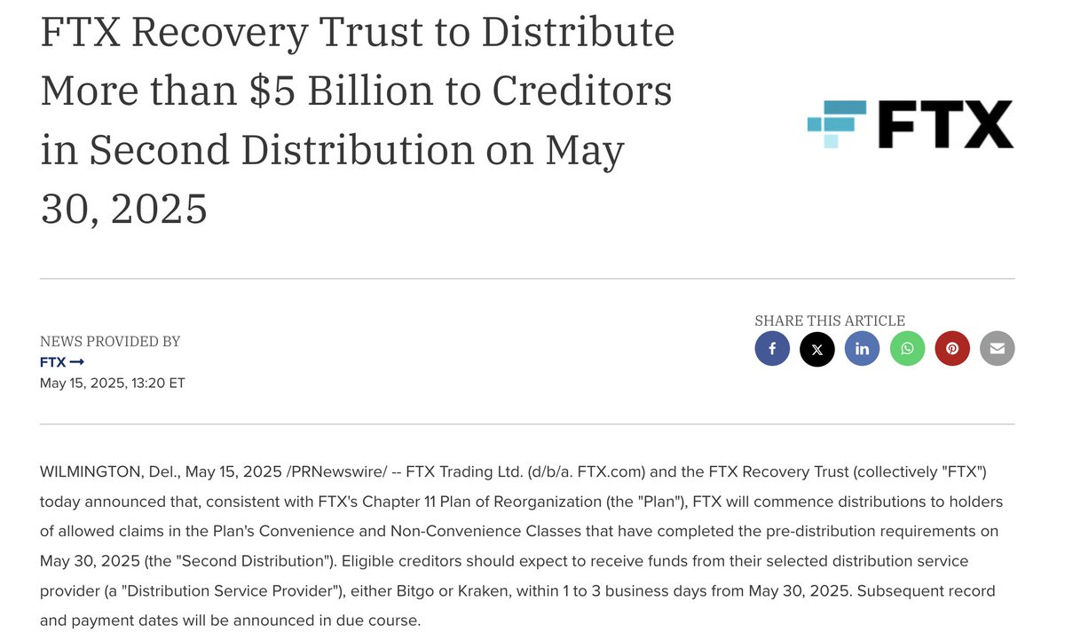 FTX DISTRIBUTES OVER $5 BILLION OF CASH CLAIMS TODAY Distributions will be  sent out to Distribution Service Providers (Bitgo/Kraken) today and will be  received by customers in 1-3 business days. What do