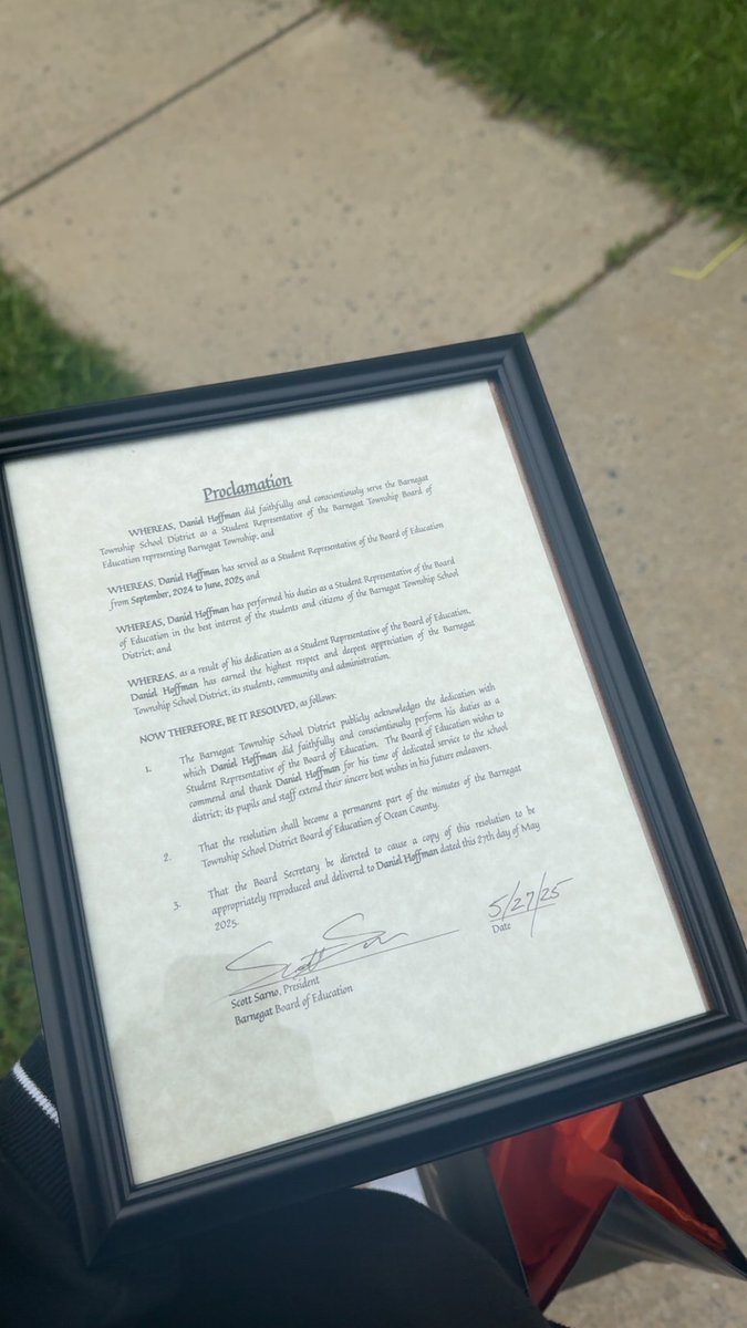 Daniel Hoffman (@dannyhoffman_) on Twitter photo Grateful to receive this Proclamation from the Barnegat Board of Education for faithful and conscious service as the Student Liason to the Board for the 2024/2025 School Year. It has been the honor of a lifetime, and I am so excited for this next chapter.
---
<a href="/BarnegatSchools/">Dr. Brian Latwis</a> Grateful to receive this Proclamation from the Barnegat Board of Education for faithful and conscious service as the Student Liason to the Board for the 2024/2025 School Year. It has been the honor of a lifetime, and I am so excited for this next chapter.
---
<a href="/BarnegatSchools/">Dr. Brian Latwis</a>