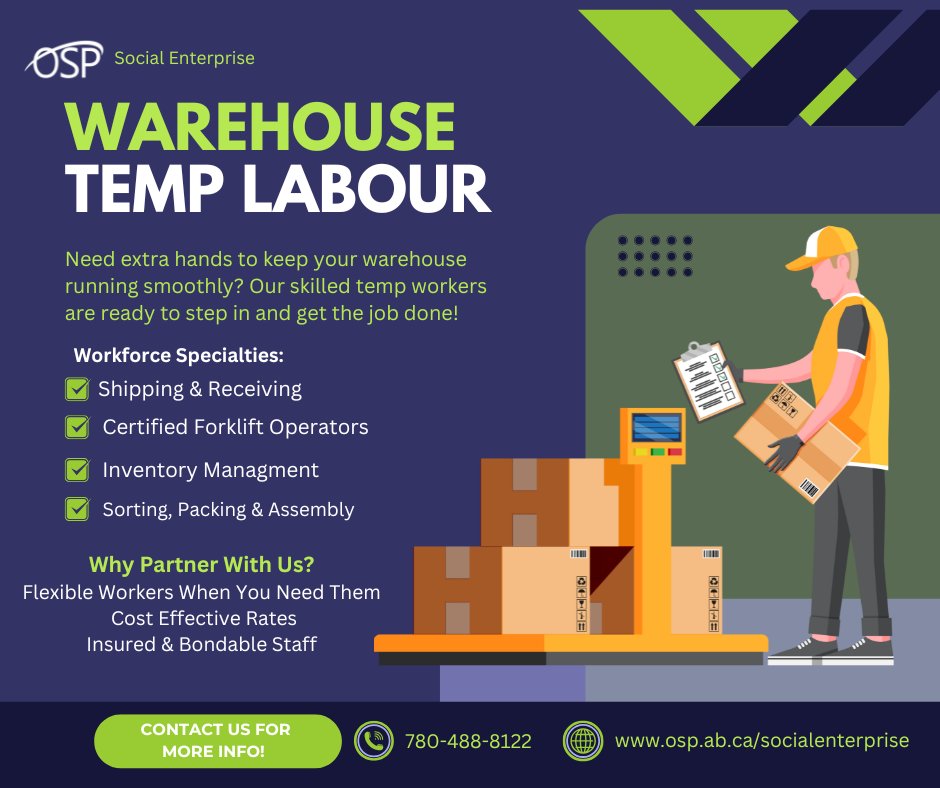 Need extra hands? Let us help. 👷‍♀️👨‍🔧. Our social enterprise provides reliable, ready-to-work temporary labor to help your business thrive while creating opportunities for individuals in our community. Email socialenterprise@osp.ab.ca to request temp workers today! ⁠#yegworkers