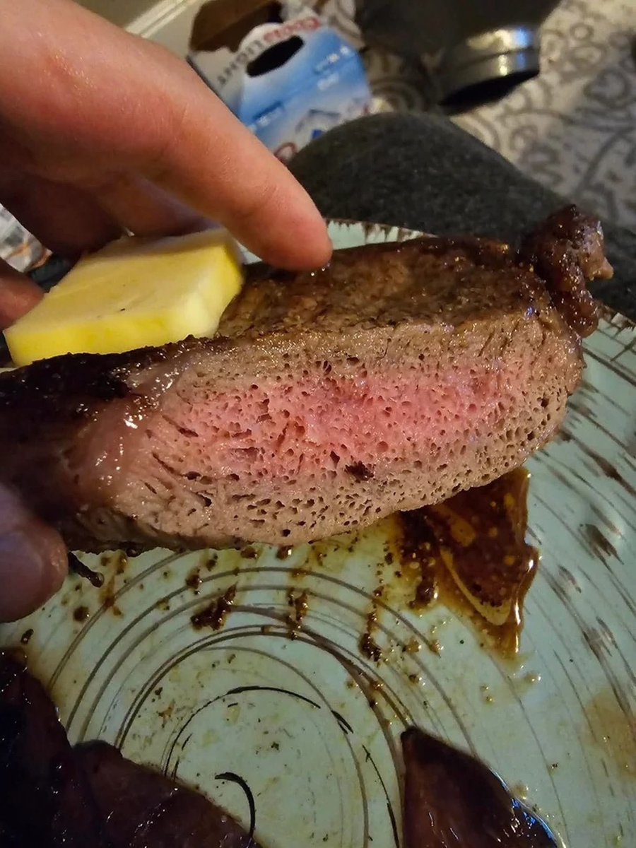 I think I really need someone to explain to me why the steak I just cooked looks like a sponge inside and if it's still edible please 🙏🤔