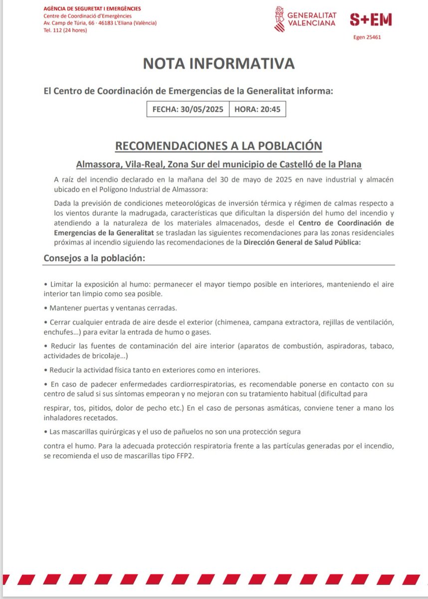 GVA112's tweet photo. ⚠️(21:20 h) Recomendaciones preventivas  del Centro de Coordinación de Emergencias a la  población de la zona afectada por el incendio  de #Almassora.

➡️Almassora, Vila-real y zona sur de Castelló de la Plana.

➕️info👇 https://t.co/R2Ov4nrAvu