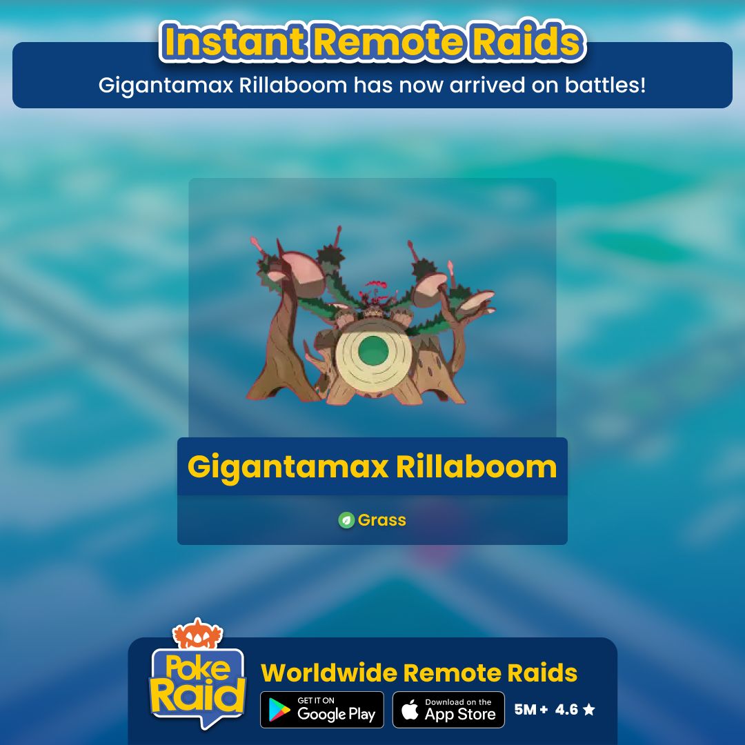 PokeRaidApp's tweet photo. #GigantamaxRillaboom has now arrived on #PokemonGoRaids! Open the #PokeRaidApp now and find a #RemoteRaid instantly.
#Rillaboom #Dynamax #Gigantamax #RemoteMax #MaxBattle https://t.co/oNxVJCIfEH