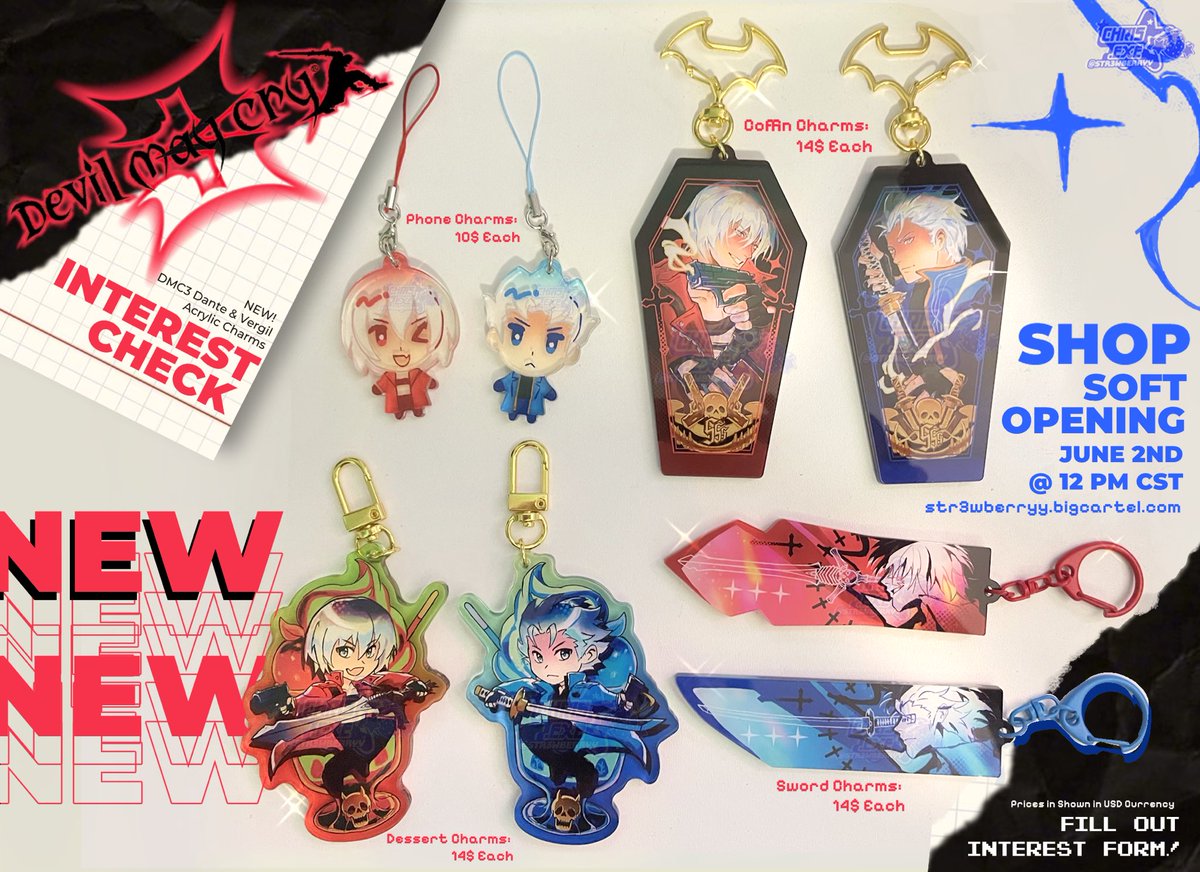 [rts appreciated]
INTEREST CHECK FOR MY NEW DMC3 CHARMS! 🗡️ 🩸

fill out the interest form for more info! 

debuting these at my sh0p's soft opening june 2nd @ 12 pm cst!