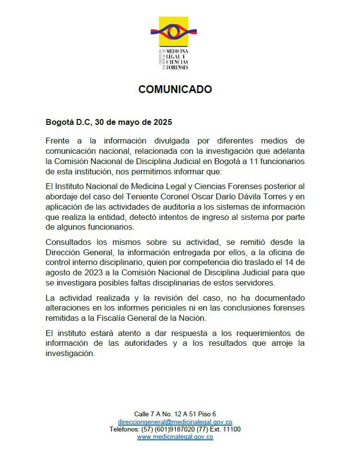 Horadelaverdad's tweet photo. Medicina Legal confirmó intentos de acceso irregular al sistema por parte de funcionarios a archivos del caso del coronel Óscar Dávila. La información fue enviada a la Comisión Nacional de Disciplina Judicial el 14 de agosto de 2023 para investigar posibles faltas. https://t.co/se6I1korq7
