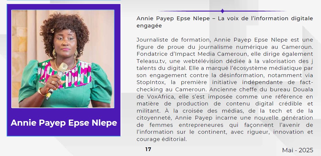 AnniePayep's tweet image. Une fois de plus, je suis honorée de compter parmi les 50 #TechMakers qui façonnent le #Cameroun #digital d&apos;après le hors série &quot;Tech Makers 2025&quot; de mai 2025 du magazine @cameroon_ceo! 

C&apos;est un appel à toujours plus d&apos;ardeur au travail. 🙏Plus qu&apos;un boulot, le digital est une…