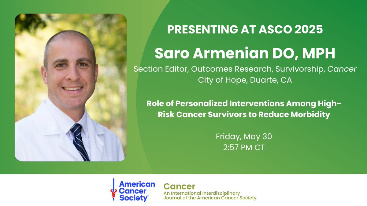 ACS Journal Cancer (@journalcancer) on Twitter photo Coming up at #ASCO25: Section Editor Dr. Saro Armenian joins the Education Session on reducing morbidity in pediatric cancer survivors.
📊 His research shows AYA survivors face higher risks of long-term, high-dose opioid use:
acsjournals.onlinelibrary.wiley.com/doi/10.1002/cn…
<a href="/OncoAlert/">OncoAlert</a> <a href="/ArmenianSaro/">Saro Armenian</a> Coming up at #ASCO25: Section Editor Dr. Saro Armenian joins the Education Session on reducing morbidity in pediatric cancer survivors.
📊 His research shows AYA survivors face higher risks of long-term, high-dose opioid use:
acsjournals.onlinelibrary.wiley.com/doi/10.1002/cn…
<a href="/OncoAlert/">OncoAlert</a> <a href="/ArmenianSaro/">Saro Armenian</a>
