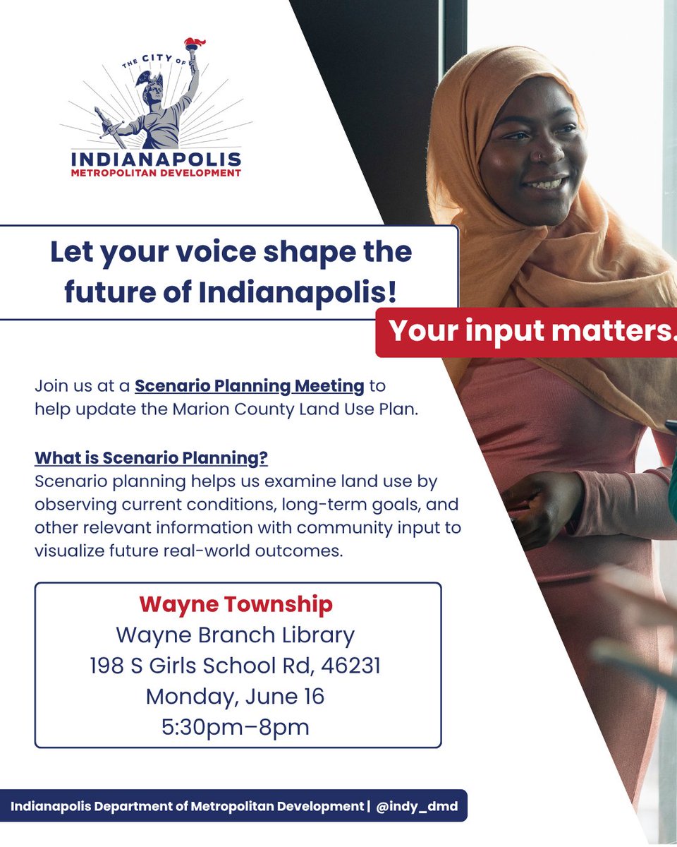 Indy DMD is updating the Pattern Book and Land Use Map and your input matters! The Wayne Township Scenario Planning Meeting is happening on Monday, June 16. Come share your ideas and help influence how land is used in your neighborhood.