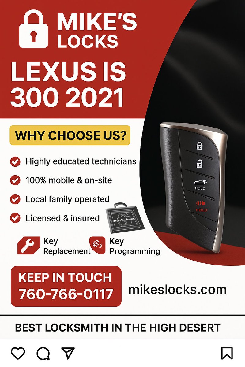 LocksMikes's tweet image. 🔑 Mike's Locks - High Desert Locksmith Experts! 2021 Lexus IS300—a tough job, but we got it done! 📷 760-766-0117 | Serving Victorville, &amp;amp; beyond!  #LexusIS300 #HighDesertLocksmith #ProximityKey #SeHablaEspanol