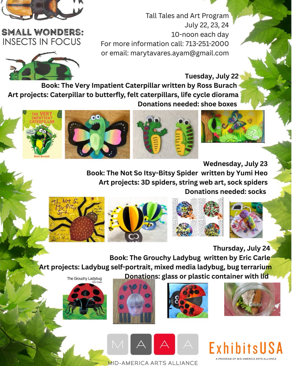 Spring Branch ISD (@sbisd) on Twitter photo Summer fun is just getting started! The Altharetta Yeargin Art Museum will be hosting Small Wonders: Insects in Focus. No sign up is required and the cost is only $5 per participant. Contact us below to learn more!
📱 713-251-2000
📨 marytavares.ayam@gmail.com Summer fun is just getting started! The Altharetta Yeargin Art Museum will be hosting Small Wonders: Insects in Focus. No sign up is required and the cost is only $5 per participant. Contact us below to learn more!
📱 713-251-2000
📨 marytavares.ayam@gmail.com