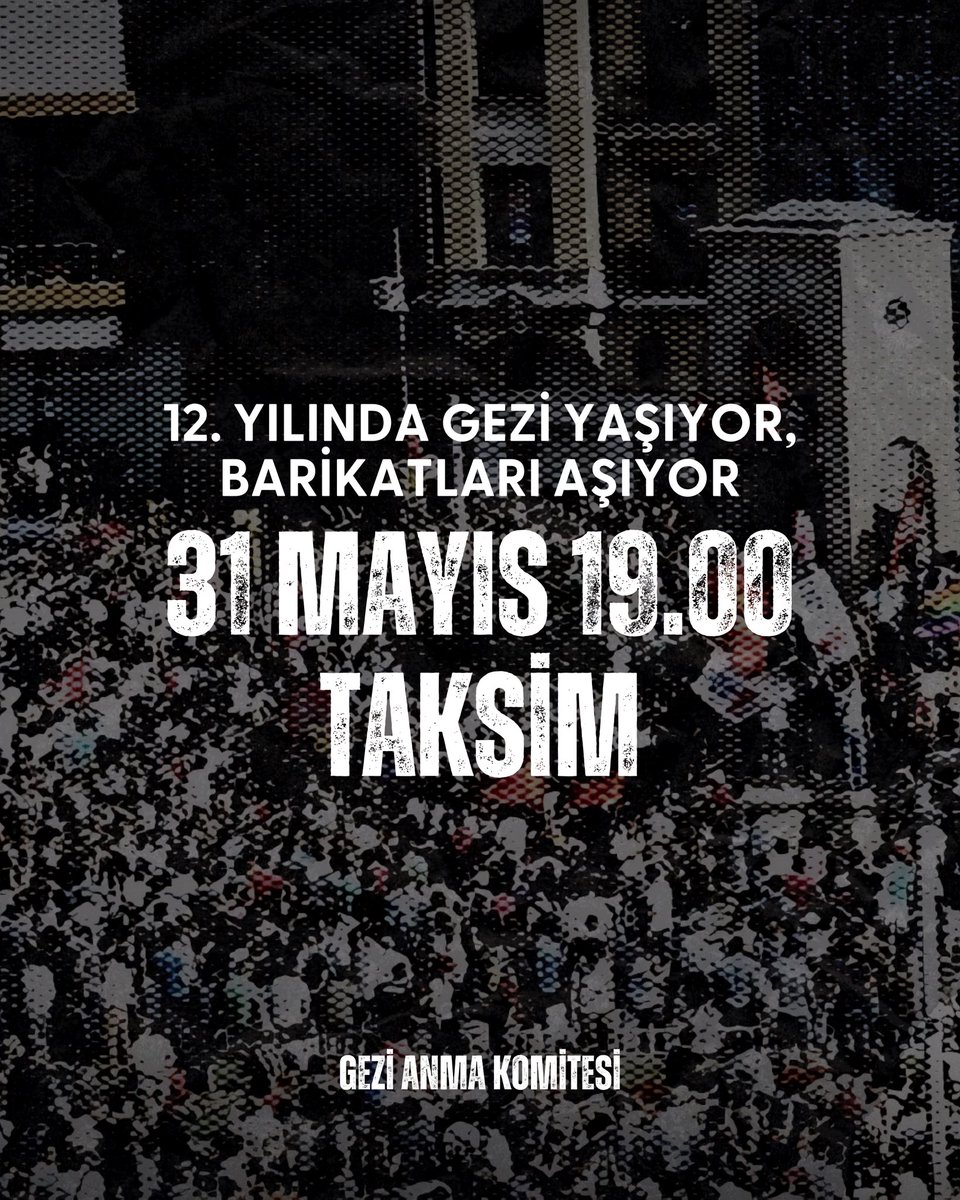 12. yılında Gezi yaşıyor, barikatları aşıyor!

31 MAYIS 2025
19.00
TAKSİM

#Gezi12Yaşında 
#geziyaşıyor
#geziyiunutma
#gençlikgezianmakomitesi