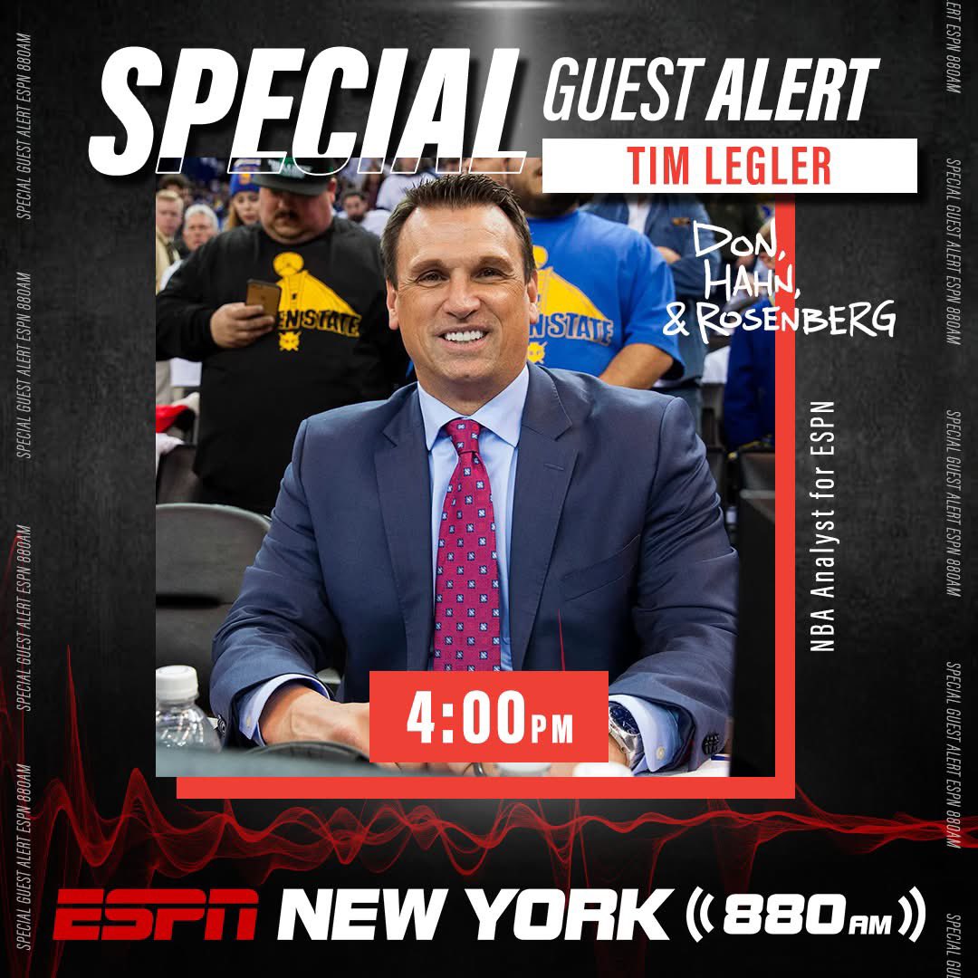 ESPN New York (@espnnewyork) on Twitter photo SPECIAL GUEST ALERT!
TODAY at 4:00PM on <a href="/DHRonESPN/">Don, Hahn & Rosenberg</a>:
<a href="/LegsESPN/">Timothy Legler</a> joins the program to discuss all things NBA Playoffs!
LISTEN HERE: bit.ly/ListenESPNNY, on <a href="/880ESPNNewYork/">880AM ESPN New York</a>, 101.1FM HD 2 or on the <a href="/ESPNNewYork/">ESPN New York</a> App!
DOWNLOAD THE APP HERE: goodkarma.qrd.by/espnny-app SPECIAL GUEST ALERT!
TODAY at 4:00PM on <a href="/DHRonESPN/">Don, Hahn & Rosenberg</a>:
<a href="/LegsESPN/">Timothy Legler</a> joins the program to discuss all things NBA Playoffs!
LISTEN HERE: bit.ly/ListenESPNNY, on <a href="/880ESPNNewYork/">880AM ESPN New York</a>, 101.1FM HD 2 or on the <a href="/ESPNNewYork/">ESPN New York</a> App!
DOWNLOAD THE APP HERE: goodkarma.qrd.by/espnny-app