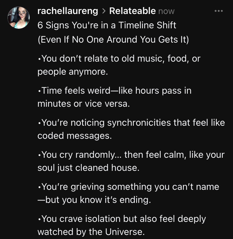 Pure_Intel's tweet image. Signs You’re in a Timeline Shift

#spiritguide
#alignment #SpiritualGrowth