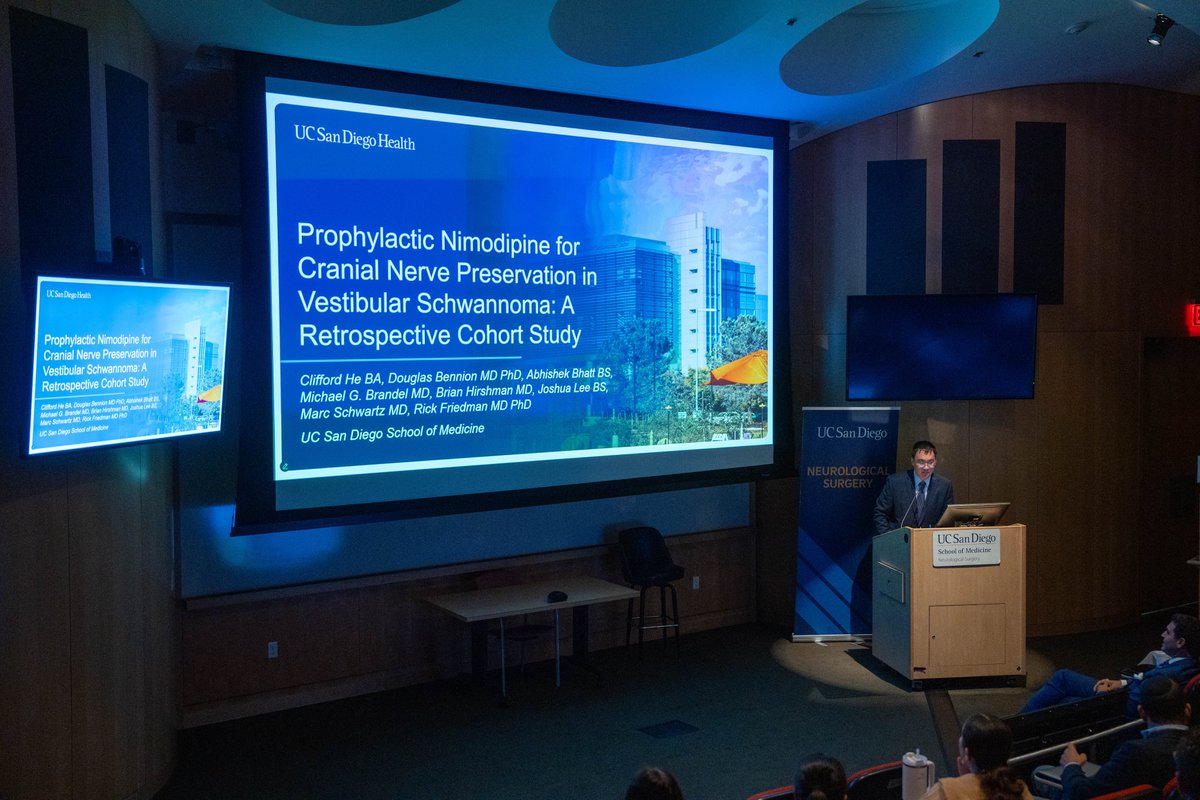 UC San Diego Neurological Surgery (@ucsdneurosurg) on Twitter photo Clifford He (<a href="/UCSDMedSchool/">UC San Diego School of Medicine</a>, MS2) presents his study titled âProphylactic Nimodipine for Cranial Nerve Preservation in Vestibular Schwannoma: A Retrospective Cohort Studyâ at #UCSDNeuroSurg Research Day. Clifford He (<a href="/UCSDMedSchool/">UC San Diego School of Medicine</a>, MS2) presents his study titled âProphylactic Nimodipine for Cranial Nerve Preservation in Vestibular Schwannoma: A Retrospective Cohort Studyâ at #UCSDNeuroSurg Research Day.