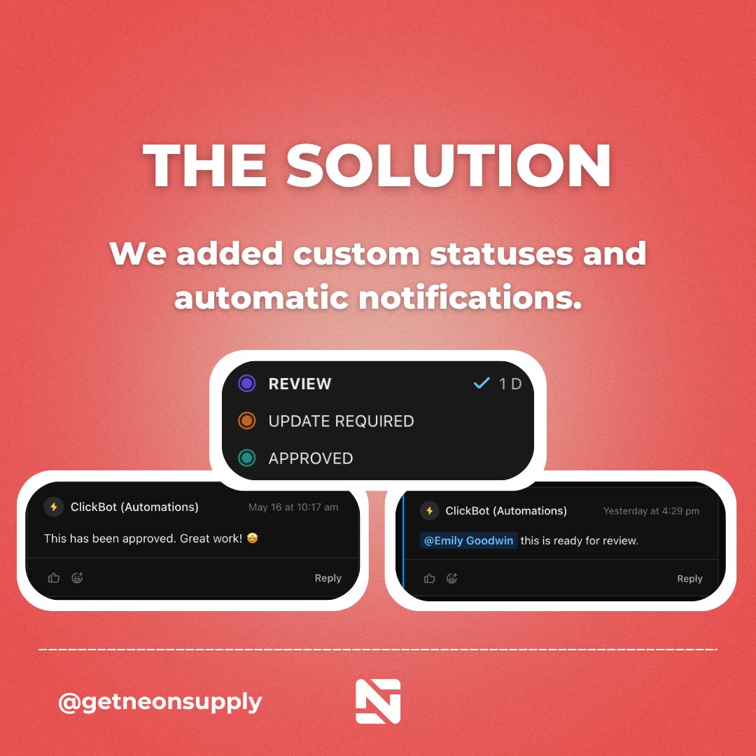 aimcollabs's tweet photo. Since we already used ClickUp for task management, we optimized our Space. We added custom statuses to track progress and set up automatic notifications for tasks in “Review” or “Approved.” 4/7 https://t.co/BoozpHv085