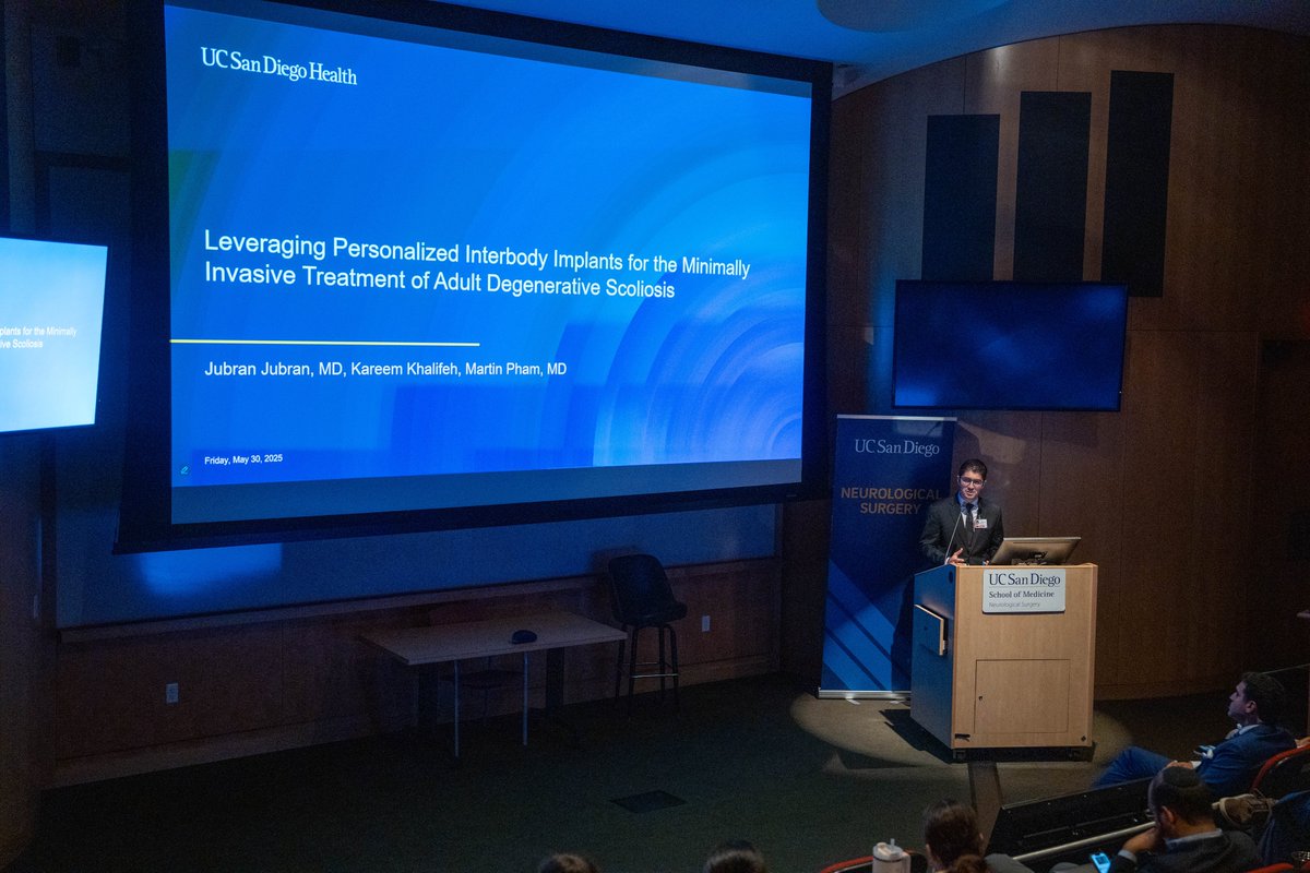 UC San Diego Neurological Surgery (@ucsdneurosurg) on Twitter photo Kareem Khalifeh (<a href="/UCSDMedSchool/">UC San Diego School of Medicine</a>, MS4) presents his talk titled âLeveraging Personalized Interbody Implants for the Minimally Invasive Treatment of Adult Degenerative Scoliosisâ at #UCSDNeuroSurg Research Day. Kareem Khalifeh (<a href="/UCSDMedSchool/">UC San Diego School of Medicine</a>, MS4) presents his talk titled âLeveraging Personalized Interbody Implants for the Minimally Invasive Treatment of Adult Degenerative Scoliosisâ at #UCSDNeuroSurg Research Day.