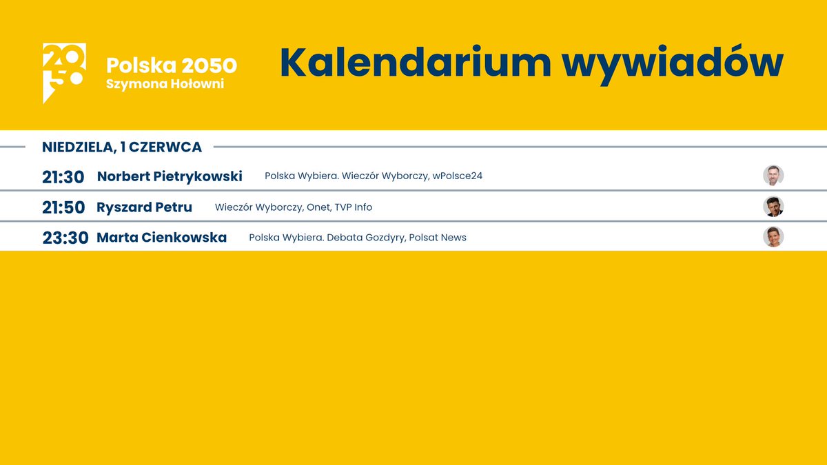 Polska 2050 (@pl_2050) on Twitter photo Wieczór wyborczy w mediach:
21:30 - <a href="/wPolscepl/">wPolsce24 🇵🇱 #TuJestPolska</a> - <a href="/NPietrykowski50/">Norbert Pietrykowski</a>
21:50 - <a href="/onetpl/">Onet</a> <a href="/tvp_info/">tvp.info 🇵🇱</a> - <a href="/RyszardPetru/">Ryszard Petru</a>
23:30 - <a href="/PolsatNewsPL/">PolsatNews.pl</a> - <a href="/MartaCienkowska/">Marta Cienkowska</a>
Zachęcamy do oglądania!💛 Wieczór wyborczy w mediach:
21:30 - <a href="/wPolscepl/">wPolsce24 🇵🇱 #TuJestPolska</a> - <a href="/NPietrykowski50/">Norbert Pietrykowski</a>
21:50 - <a href="/onetpl/">Onet</a> <a href="/tvp_info/">tvp.info 🇵🇱</a> - <a href="/RyszardPetru/">Ryszard Petru</a>
23:30 - <a href="/PolsatNewsPL/">PolsatNews.pl</a> - <a href="/MartaCienkowska/">Marta Cienkowska</a>
Zachęcamy do oglądania!💛