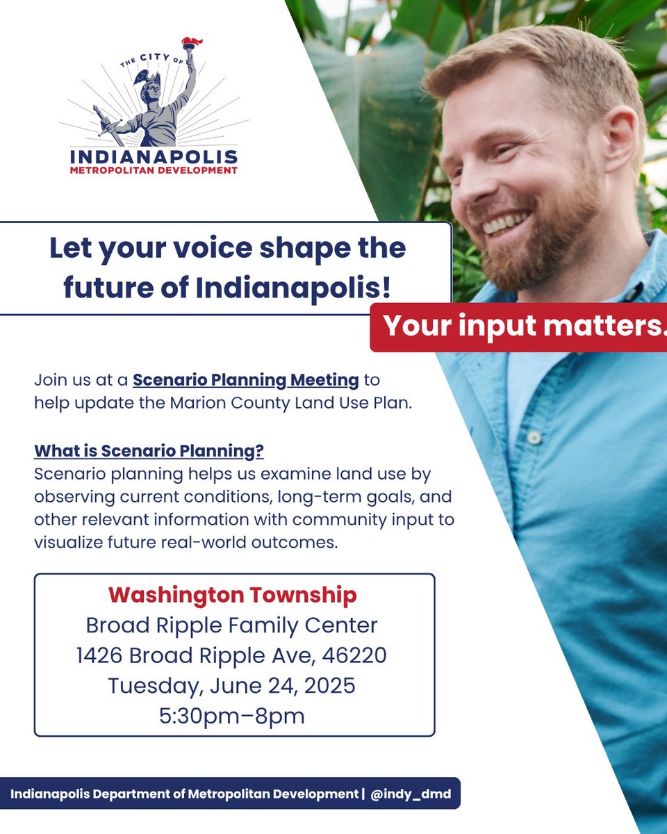 Indy DMD is updating the Pattern Book and Land Use Map and your input matters! The Washington Township Scenario Planning Meeting is happening on Tuesday, June 24. Come share your ideas and help influence how land is used in your neighborhood.