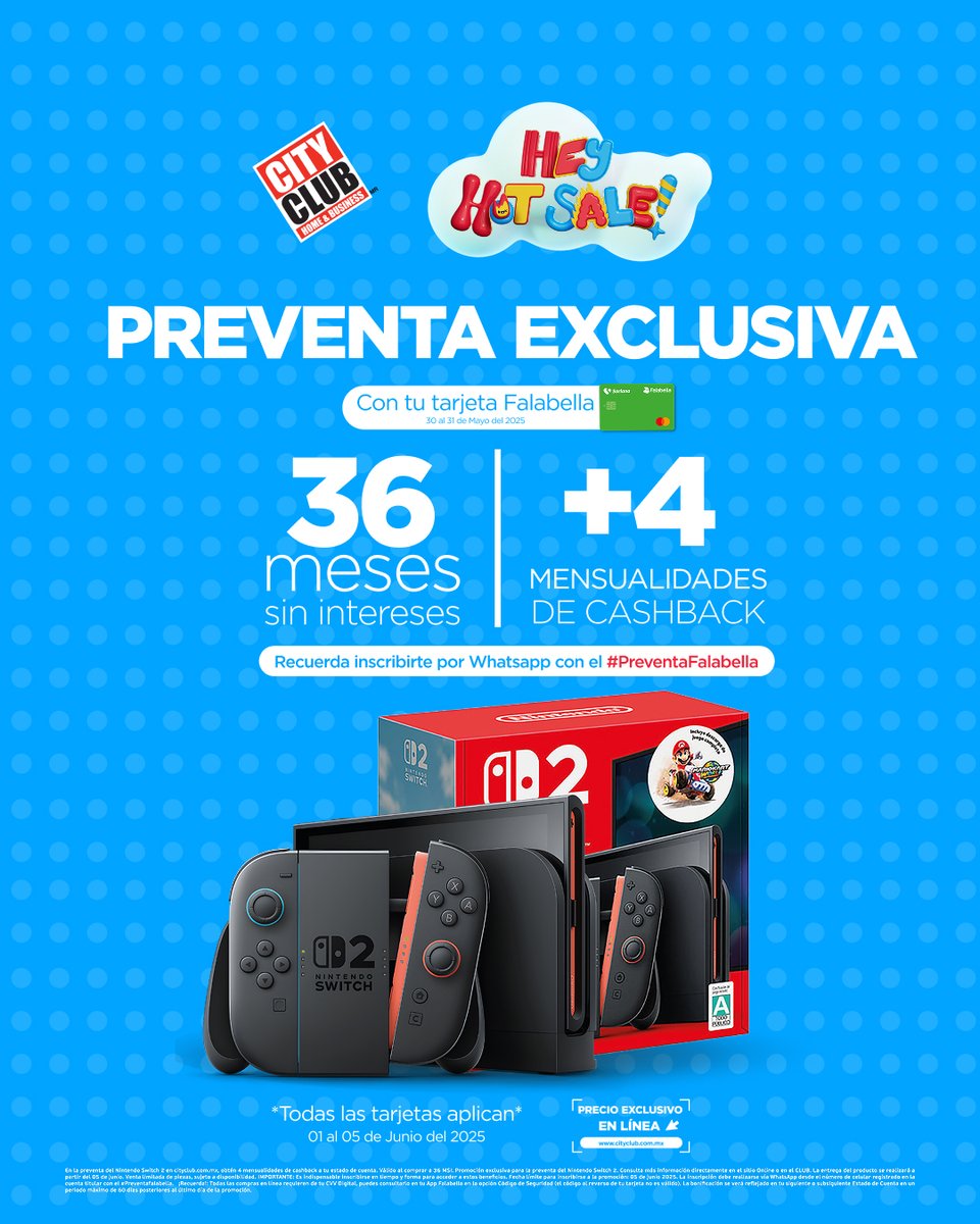 ¡PREVENTA EXCLUSIVA! No te pierdas esta gran llegada a City Club y recuerda que con tu tarjeta Falabella tienes 36 meses sin intereses + 4 mensualidades de cashback. 🤩🕹

#CityClub #MayoEspectacular #Promociones #Mayorista #HotSale #Trend #HotSale2025 #Descuentos #NintendoSwitch