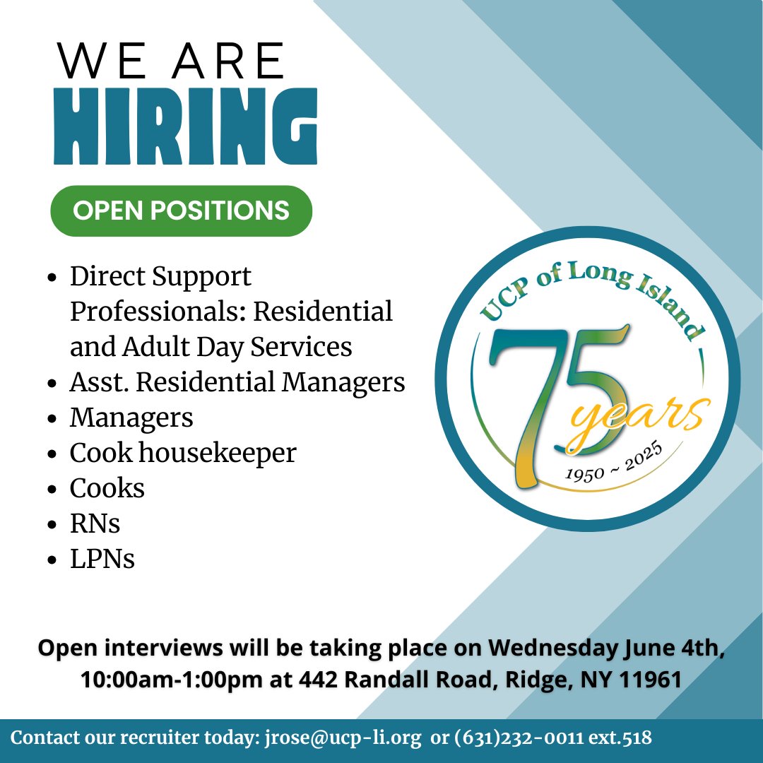 UCPofLongIsland (@ucpoflongisland) on Twitter photo Join the UCP-LI team and make a difference every day. We're holding open interviews on Wednesday, June 4th from 10AM–1PM at 442 Randall Road, Ridge, NY 11961. Join the UCP-LI team and make a difference every day. We're holding open interviews on Wednesday, June 4th from 10AM–1PM at 442 Randall Road, Ridge, NY 11961.