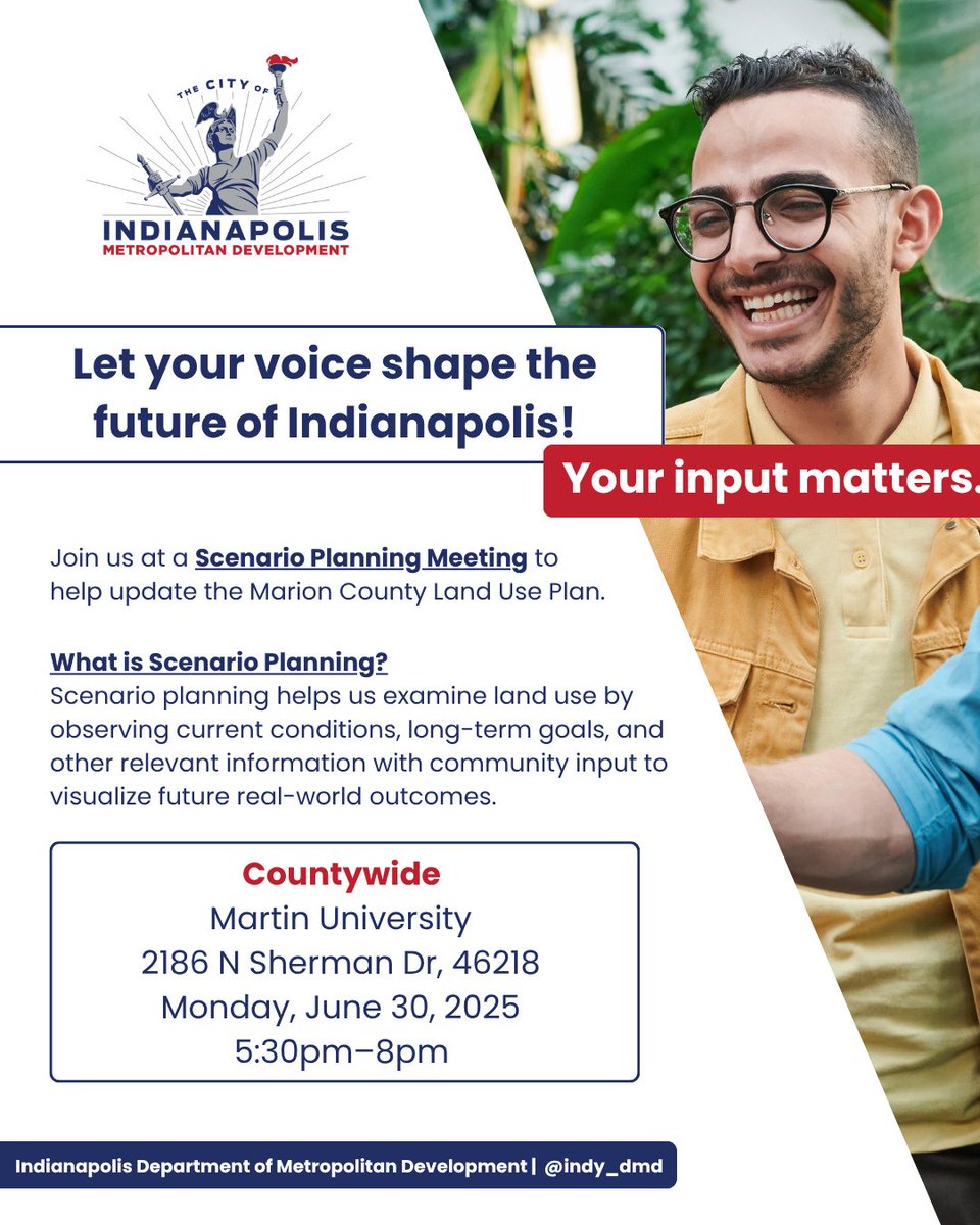 Indy DMD is updating the Pattern Book and Land Use Map and your input matters! The Countywide Scenario Planning Meeting is happening on Monday, June 30. Don't miss your last chance to share your ideas and help influence how land is used in your neighborhood.