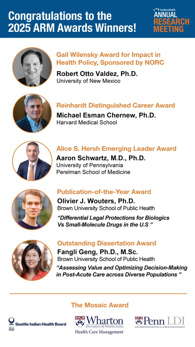 AcademyHealth's tweet photo. AcademyHealth is excited to announce the recipients of the #ARM25 awards, which recognize  significant contributions to the fields of health services research and health policy. Learn more about the recipients here: https://t.co/3DvlntkX5p https://t.co/ysEIQHK8eb