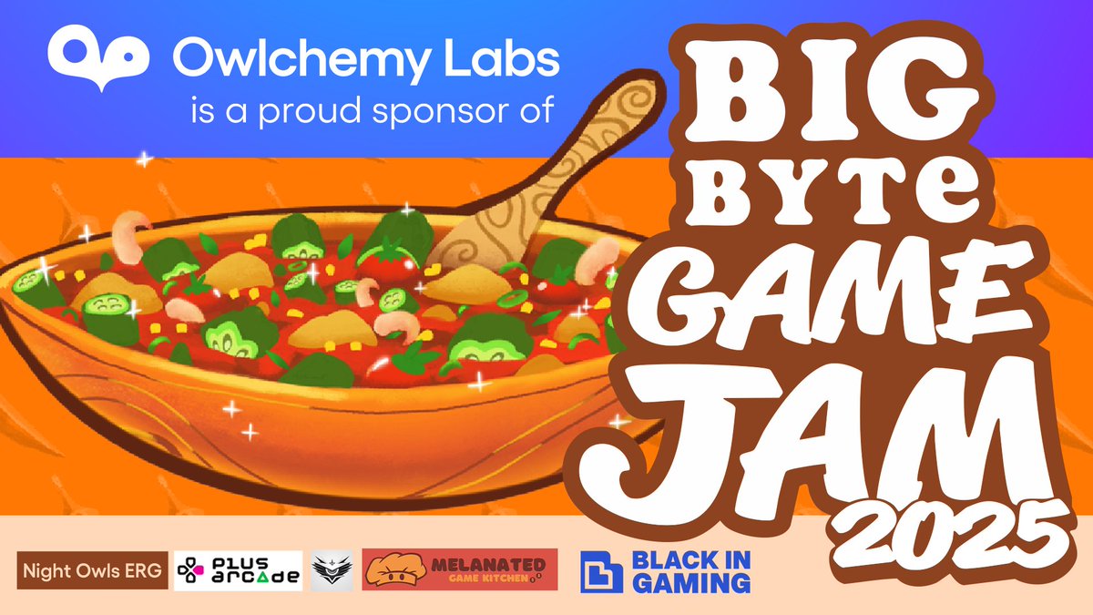 Owlchemy Labs (@owlchemylabs) on Twitter photo We're proud to sponsor Big Byte Game Jam 2025.
From June 1st to June 29th, join <a href="/mgamekitchen/">Melanated Game Kitchen</a> and <a href="/BlackinGaming/">Black In Gaming</a> for an annual game jam using a theme related to cultural ideas, perspectives, and issues relevant to members of various Diasporas.
ow.ly/JZ5L50W1Sr7 We're proud to sponsor Big Byte Game Jam 2025.
From June 1st to June 29th, join <a href="/mgamekitchen/">Melanated Game Kitchen</a> and <a href="/BlackinGaming/">Black In Gaming</a> for an annual game jam using a theme related to cultural ideas, perspectives, and issues relevant to members of various Diasporas.
ow.ly/JZ5L50W1Sr7