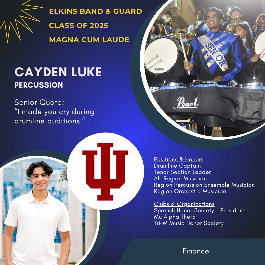Congratulations to EHS Band Senior &amp; Drumline Captain, Cayden Luke! 💙💛