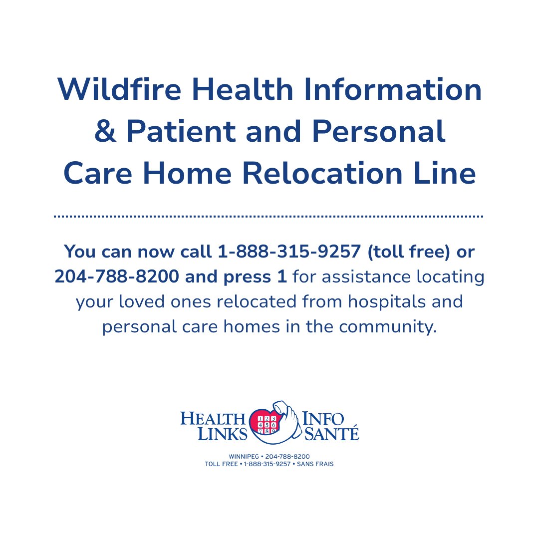 You can now call 1-888-315-9257 (toll free) or 204-788-8200 and press 1 for assistance locating your loved ones relocated from hospitals and personal care homes in the community or to speak to a nurse about your health care concerns. Visit ow.ly/AloZ50W1OSk for more.