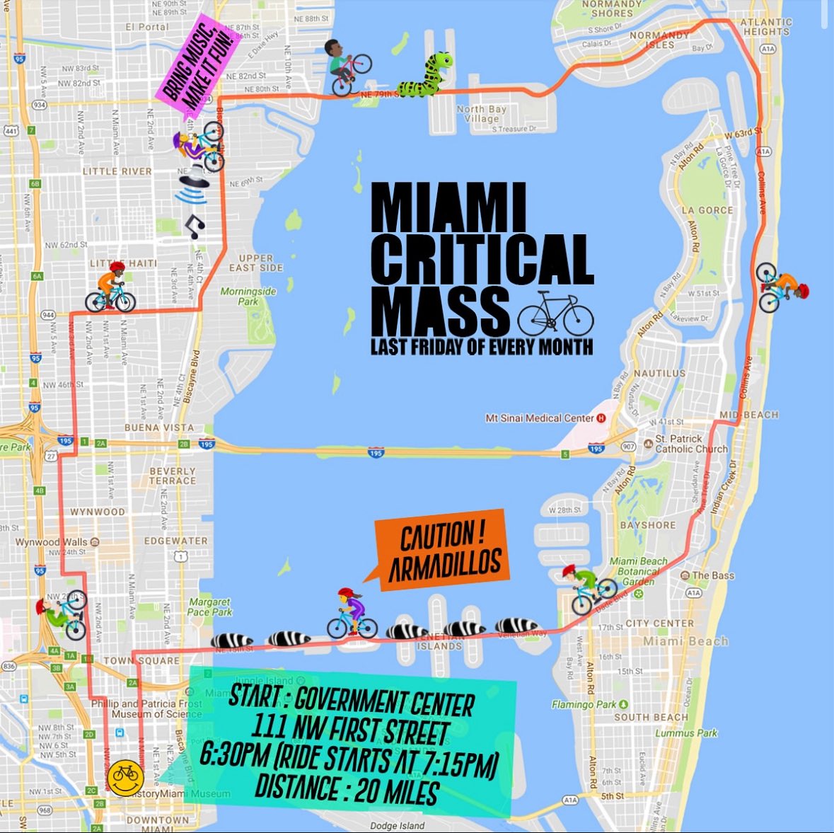 Miami Beach Police (@miamibeachpd) on Twitter photo Critical Mass: Bike Ride Alert
Hundreds of cyclists will participate in the Miami Critical Mass ride on Friday, May 30, starting at 7:15 p.m. from Government Center (111 NW 1st Street).
This is not a city-sanctioned event, but Miami Beach Police Department will be stationed at Critical Mass: Bike Ride Alert
Hundreds of cyclists will participate in the Miami Critical Mass ride on Friday, May 30, starting at 7:15 p.m. from Government Center (111 NW 1st Street).
This is not a city-sanctioned event, but Miami Beach Police Department will be stationed at