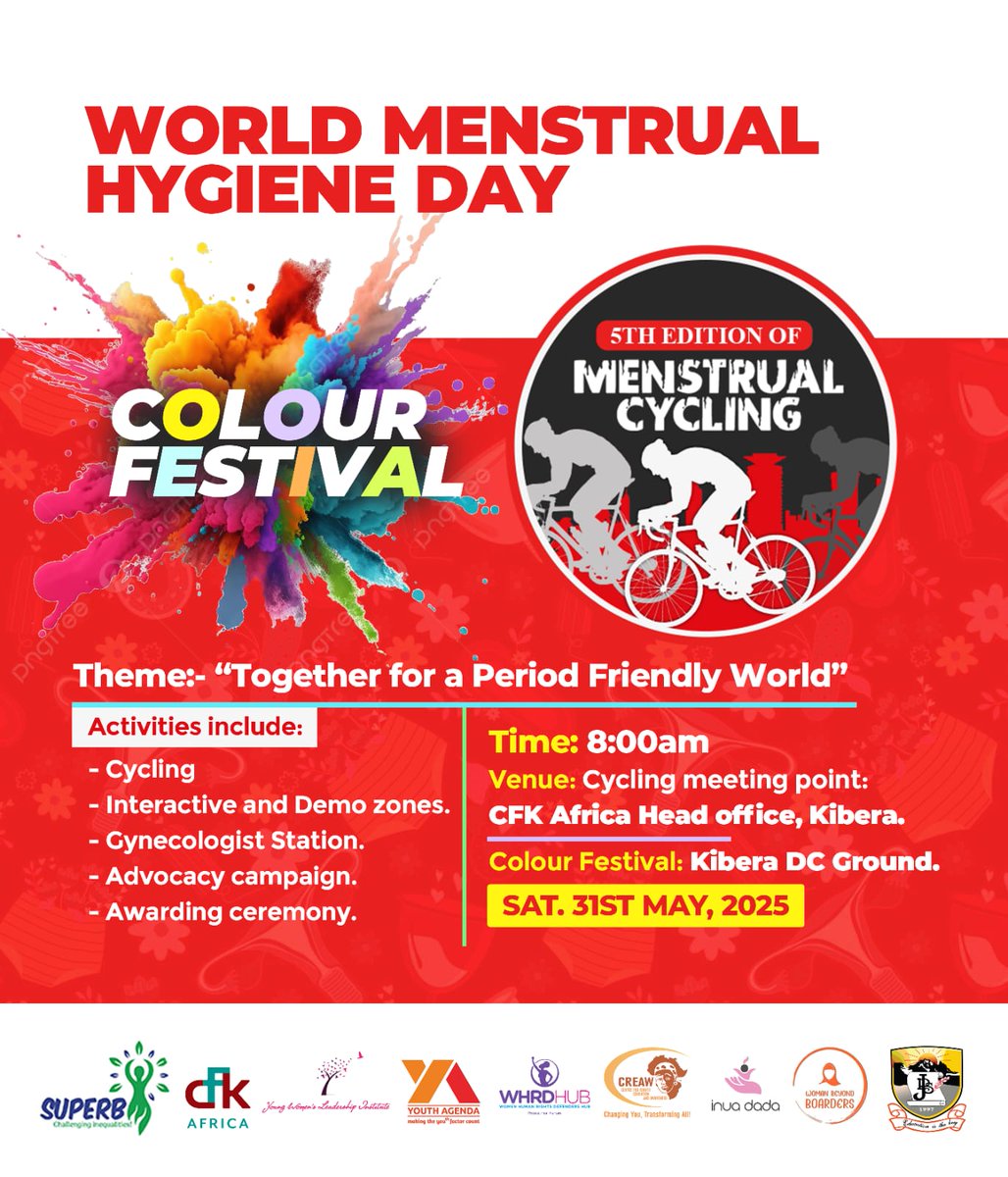 Celebrate menstruation, colour, and community! 🌸🎨 

Join us tomorrow on the 31st of May for the Menstrual Cycling &amp; Colour Festival event where empowerment meets expression in Kibera. Come with your 🚲 bike in solidarity with Menstruators and cycle for a cause!