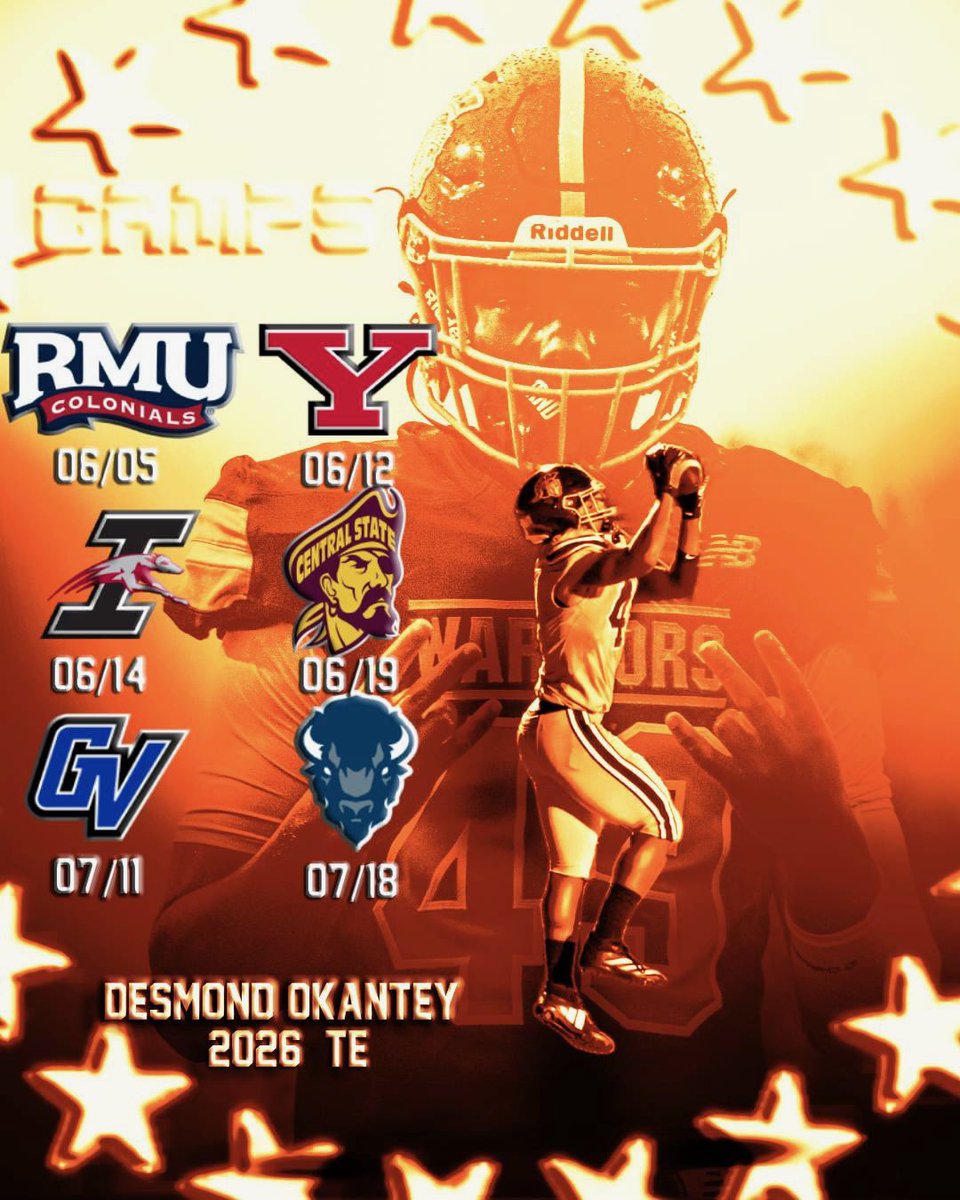Desmond Okantey (@desmondokantey) on Twitter photo Coaches, here is my 2025 summer schedule! I will post updates to it and visits I’ll take along the way!
<a href="/WNWarriorsFB/">Westerville North Football</a> <a href="/Jacksonville8/">Stanley jackson</a> <a href="/Nily_Taylor/">D'Nilyeon (Nily) Taylor</a> <a href="/BrandonBell26/">Brandon</a> <a href="/DevonDalla2s/">De’von Dallas 2027</a> <a href="/Dame24_k/">Damion King</a> Coaches, here is my 2025 summer schedule! I will post updates to it and visits I’ll take along the way!
<a href="/WNWarriorsFB/">Westerville North Football</a> <a href="/Jacksonville8/">Stanley jackson</a> <a href="/Nily_Taylor/">D'Nilyeon (Nily) Taylor</a> <a href="/BrandonBell26/">Brandon</a> <a href="/DevonDalla2s/">De’von Dallas 2027</a> <a href="/Dame24_k/">Damion King</a>
