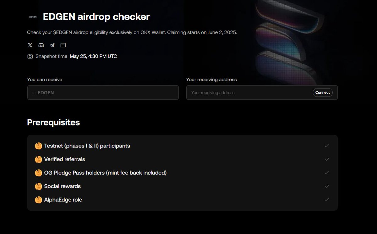 Layeredge TGE on June, 2

Checker is live: web3.okx.com/airdrop-checke…

You have to import your wallet to okx to check your allocation