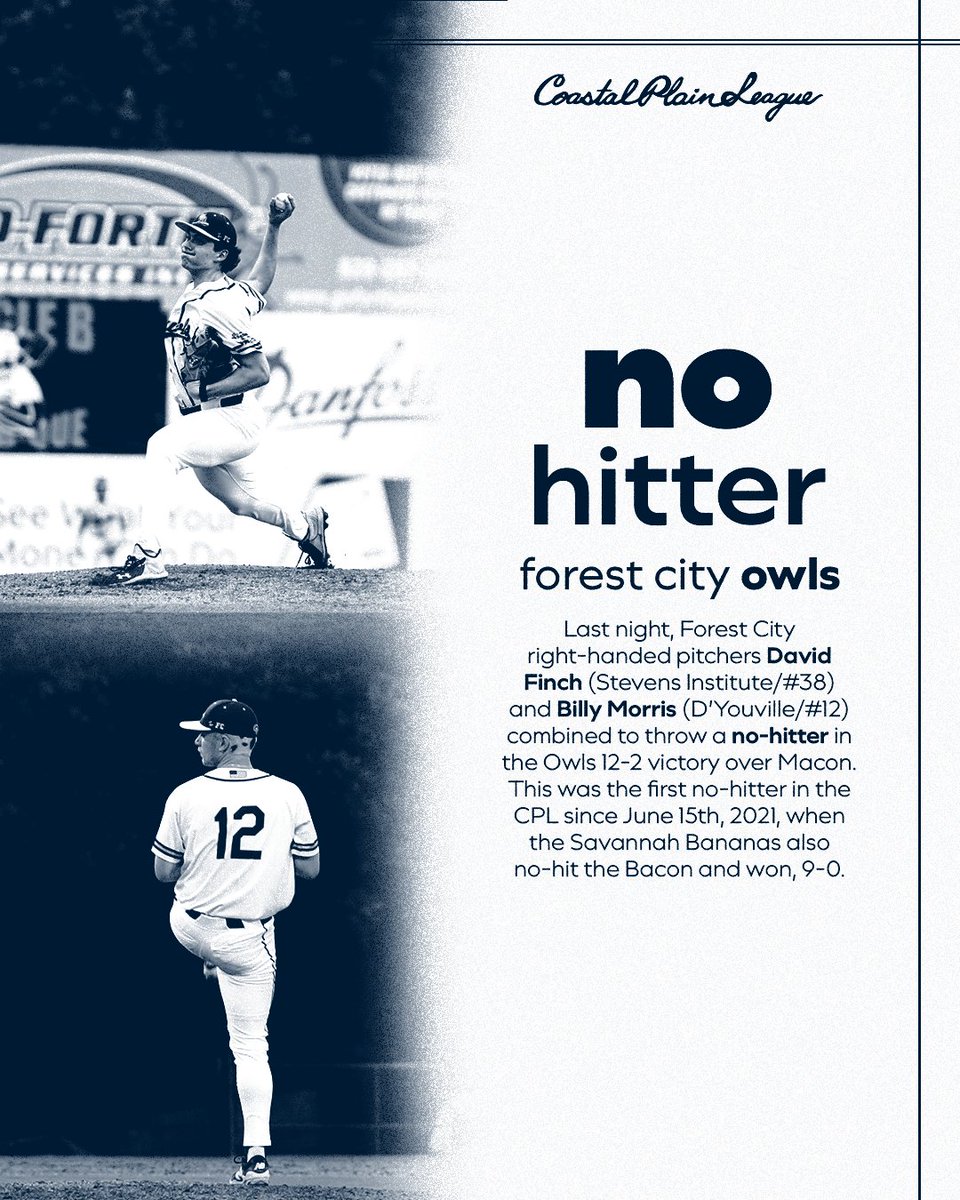 Coastal Plain League (@cplbaseball) on Twitter photo ICYMI: Combined no-hitter from <a href="/ForestCityOwls/">#HootyHoot</a> pitchers <a href="/davidfinch23/">David Finch</a> from the <a href="/StevensDucks/">Stevens Ducks</a> and <a href="/billymo22/">Bill Morrison</a> from the <a href="/DYouville_BSB/">D’Youville University Baseball</a> ICYMI: Combined no-hitter from <a href="/ForestCityOwls/">#HootyHoot</a> pitchers <a href="/davidfinch23/">David Finch</a> from the <a href="/StevensDucks/">Stevens Ducks</a> and <a href="/billymo22/">Bill Morrison</a> from the <a href="/DYouville_BSB/">D’Youville University Baseball</a>