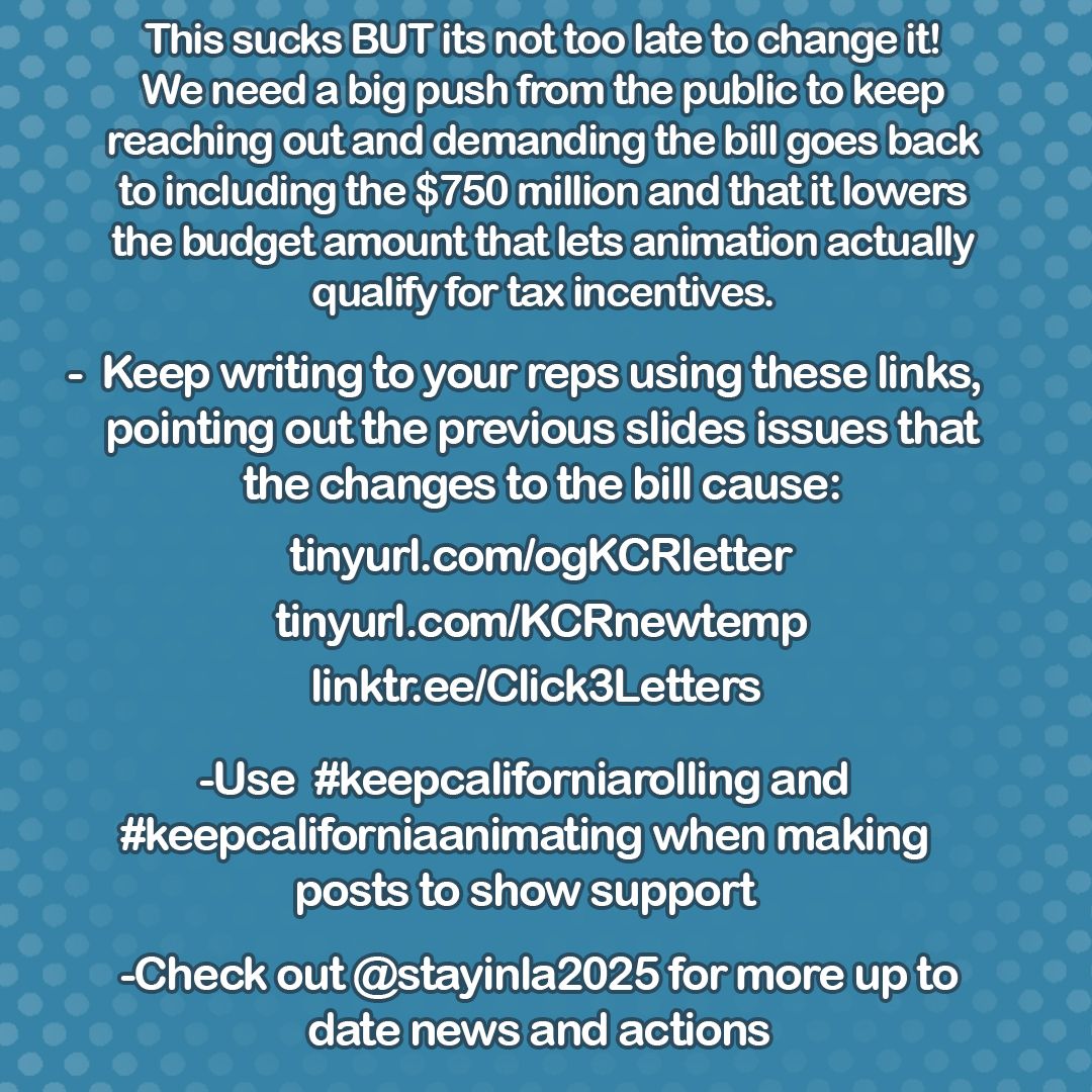 AWorkersIgnited's tweet image. Important new updates to Bill AB1138! TLDR the state legislature wants to take away money from the proposal, while also making it cost more for animation productions to even qualify.
tinyurl.com/ogKCRletter
tinyurl.com/KCRnewtemp
linktr.ee/Click3Letters
#keepcaliforniarolling