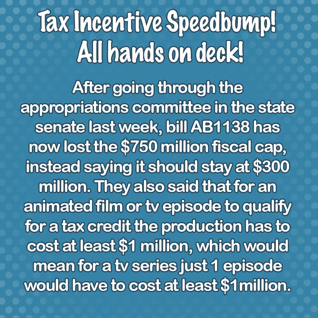 AWorkersIgnited's tweet image. Important new updates to Bill AB1138! TLDR the state legislature wants to take away money from the proposal, while also making it cost more for animation productions to even qualify.
tinyurl.com/ogKCRletter
tinyurl.com/KCRnewtemp
linktr.ee/Click3Letters
#keepcaliforniarolling
