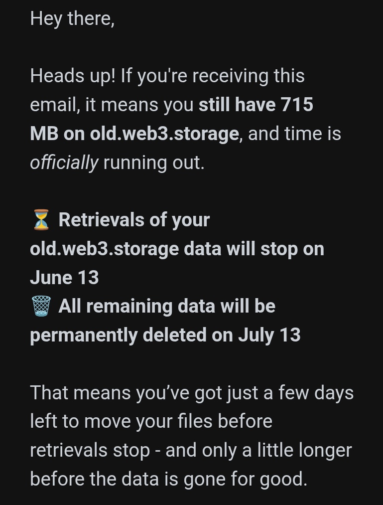 To anyone in customer support or infrastructure, the great NFT unpinning is soon to be upon us.

Imagine, thousands of complaints at once about why their NFTs no longer show.