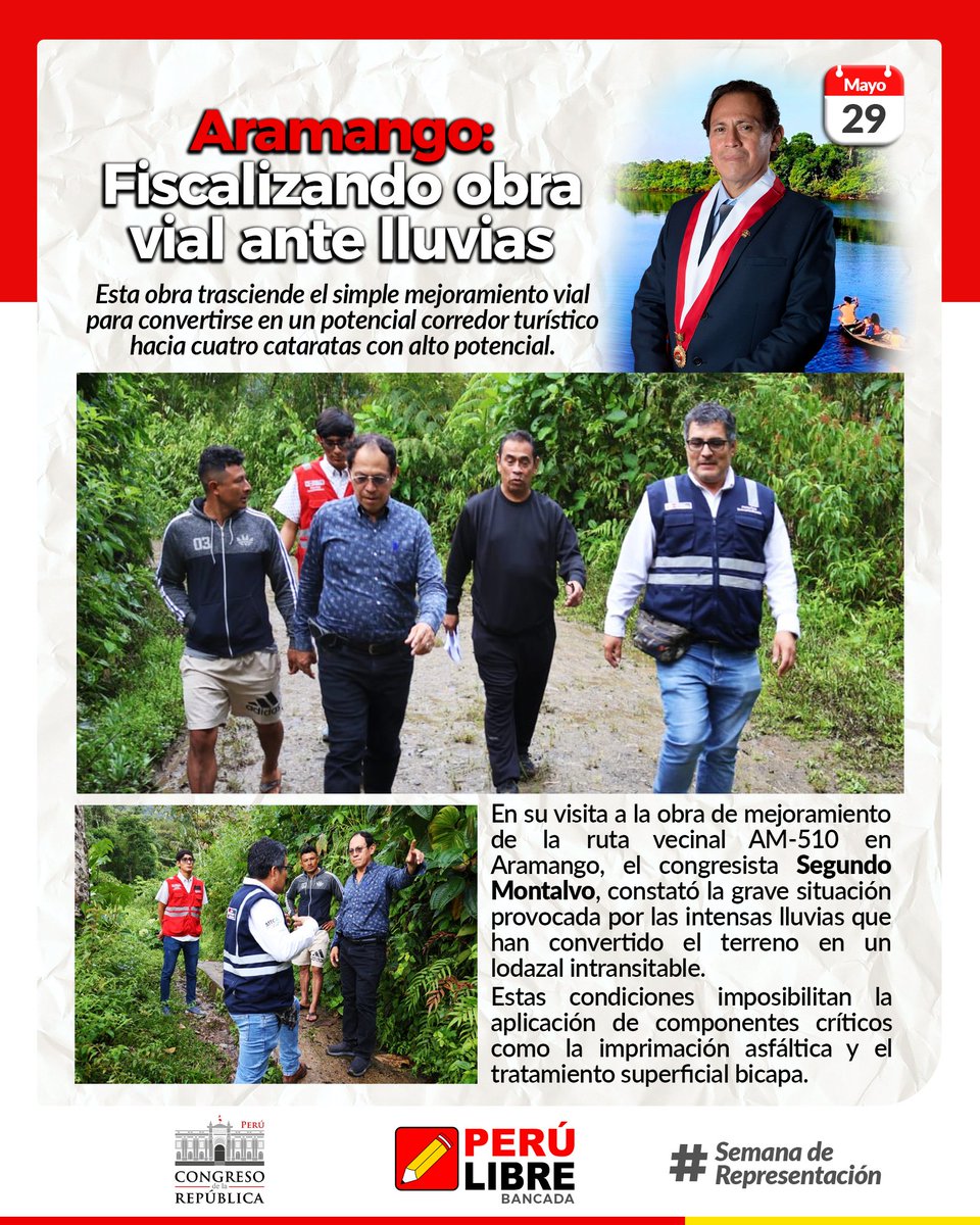 En su visita a la obra de mejoramiento de la ruta vecinal AM-510 en Aramango, <a href="/MontalvoCubasPE/">Segundo Montalvo Cubas</a>, constató la grave situación provocada por las intensas lluvias que han convertido el terreno en un lodazal intransitable; imposibilitando la aplicación de componentes críticos.