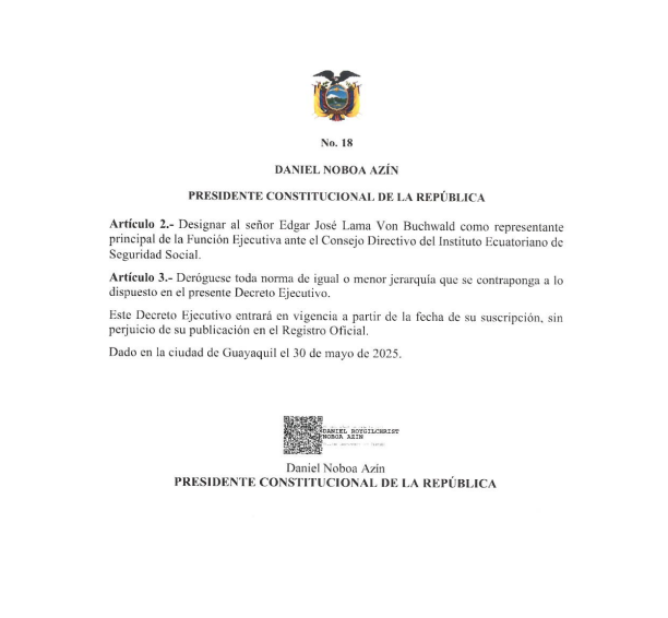 🚨#AHORA | El presidente <a href="/DanielNoboaOk/">Daniel Noboa Azin</a> nombró al exministro de Salud, Edgar Lama, como representante principal de la Función Ejecutiva ante el Consejo Directivo del <a href="/IESSec/">IESS</a>.