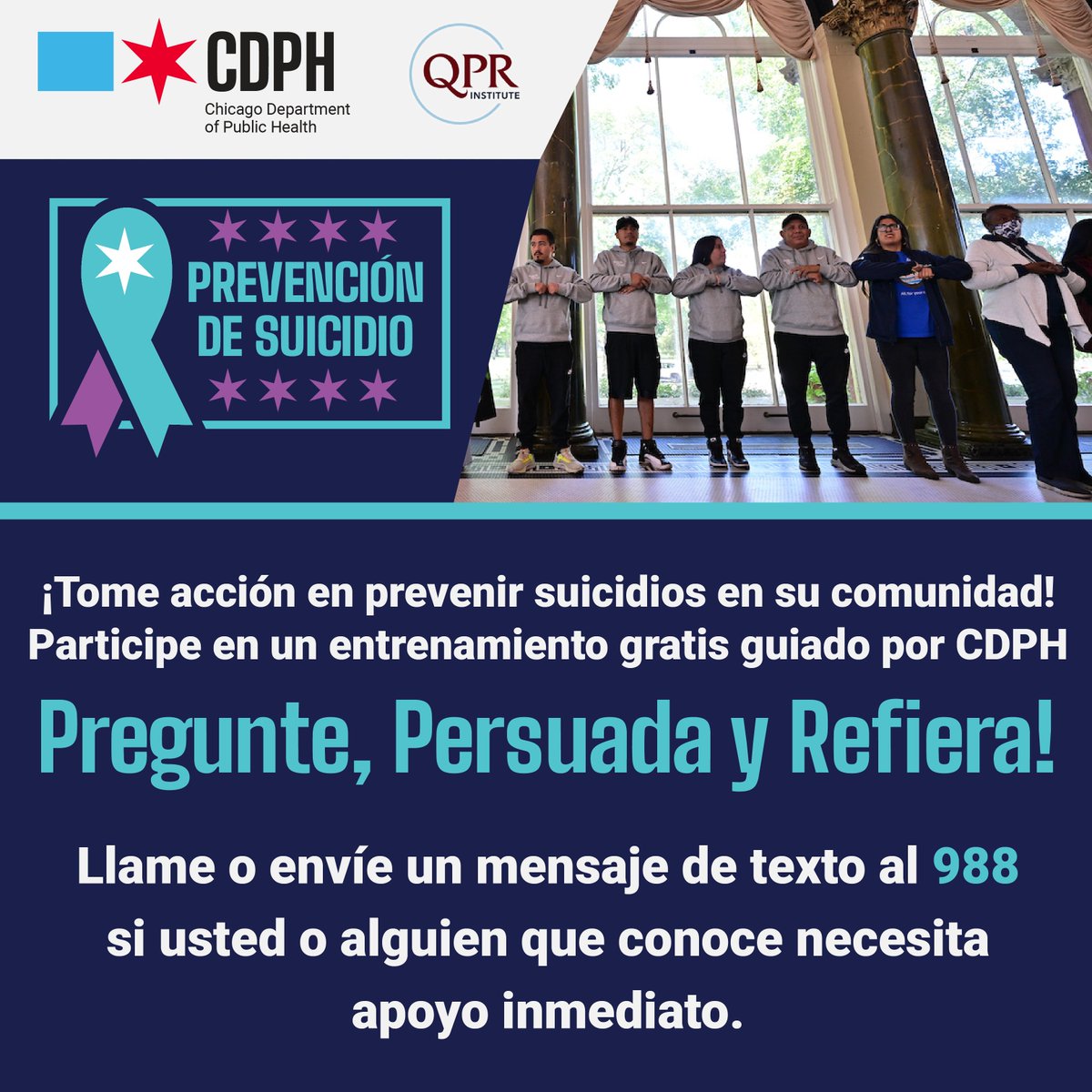 CDPH | Chicago Department of Public Health (@chipublichealth) on Twitter photo Join CDPH for free Question, Persuade, and Refer suicide prevention trainings! To see mental health resources + a calendar of upcoming sessions, visit chi.gov/4mDu0QL
Call or text 988 if you or someone you know needs support now.
<a href="/ChicagosMayor/">Mayor Brandon Johnson</a>
#QPR #SuicidePrevention Join CDPH for free Question, Persuade, and Refer suicide prevention trainings! To see mental health resources + a calendar of upcoming sessions, visit chi.gov/4mDu0QL
Call or text 988 if you or someone you know needs support now.
<a href="/ChicagosMayor/">Mayor Brandon Johnson</a>
#QPR #SuicidePrevention