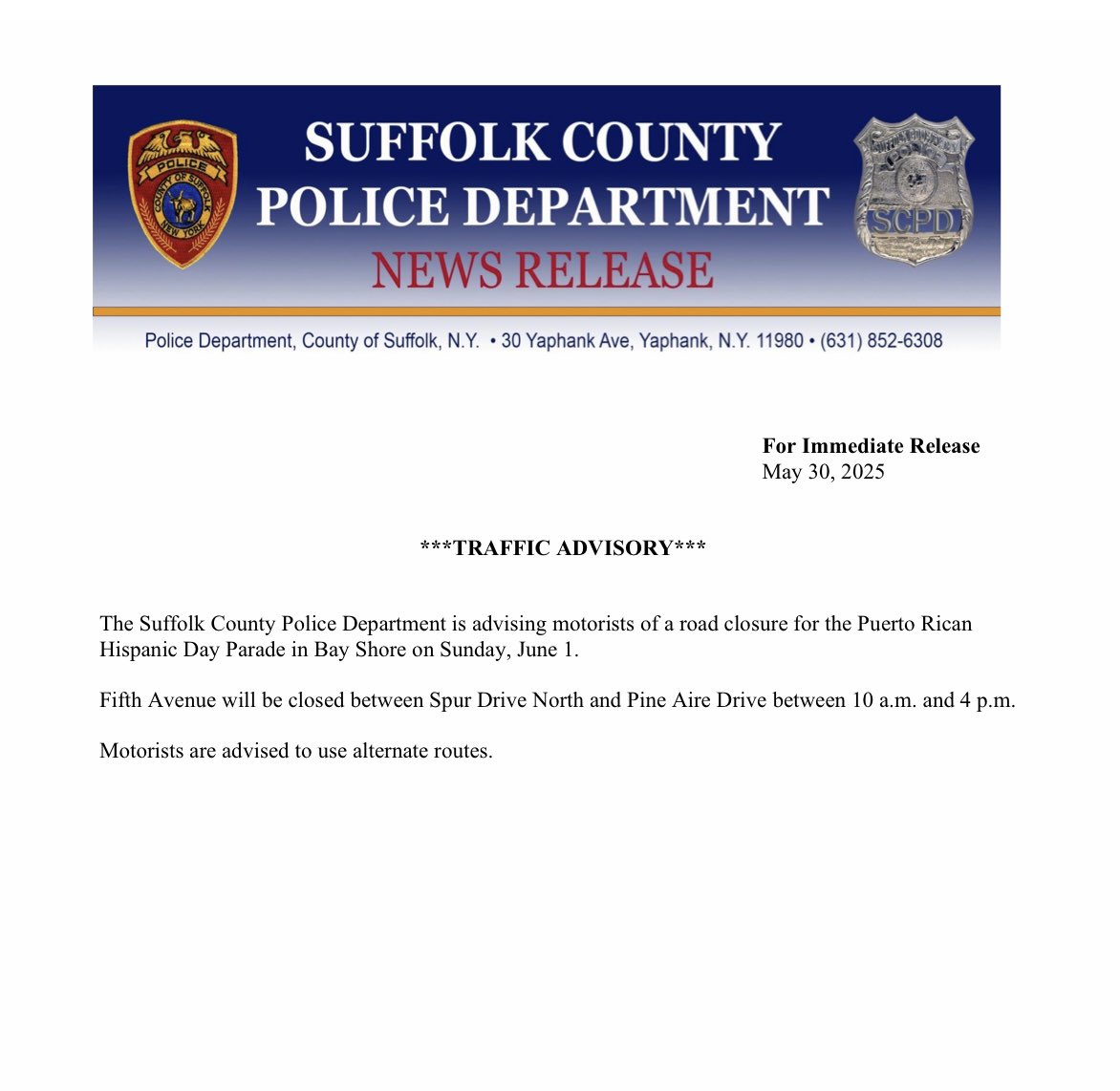 SCPD3rdPrecinct's tweet image. Please be advised of this traffic advisory, regarding a road closure for the Annual Puerto Rican-Hispanic Day Parade on June 1st. 🇵🇷