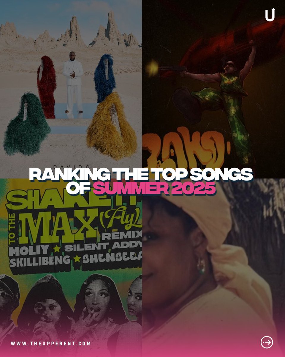 T.U.E (@theupperent) on Twitter photo RANKING THE TOP 🔟 SONGS OF SUMMER 2025
🔟Offa Me - Davido & Victory Monét
9️⃣Lost - Fola & Kizz Daniel 
8️⃣Shaolin - Seyi Vibez
7️⃣My Darling - Chella
6️⃣Cutesy - Bnxn
5️⃣Pressure - Seyi Vibez
4️⃣Break Me Down - Wizkid
3️⃣Shake It To The Max - Moliy
2️⃣Laho - Shallipopi 
1️⃣With You - RANKING THE TOP 🔟 SONGS OF SUMMER 2025
🔟Offa Me - Davido & Victory Monét
9️⃣Lost - Fola & Kizz Daniel 
8️⃣Shaolin - Seyi Vibez
7️⃣My Darling - Chella
6️⃣Cutesy - Bnxn
5️⃣Pressure - Seyi Vibez
4️⃣Break Me Down - Wizkid
3️⃣Shake It To The Max - Moliy
2️⃣Laho - Shallipopi 
1️⃣With You -