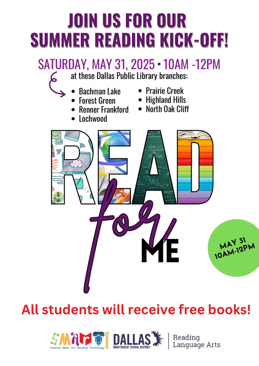 ED_Rivera_DISD's tweet image. Kids (and parents) start your summer off right with some FREE books. Join this event on Saturday, May 31, from 10 am to 12 noon at participating Dallas Public Libraries. 📚🤓
@dallasisdparent