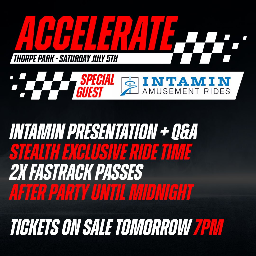 Join us for Accelerate at <a href="/THORPEPARK/">Thorpe Park Official</a>, featuring a special presentation and Q&amp;A session with Intamin Amusement Rides, exclusive ride time on Stealth and more. Tickets on sale tomorrow, 31st May at 19:00. 👉 AttractionSource.com/Events/Acceler…