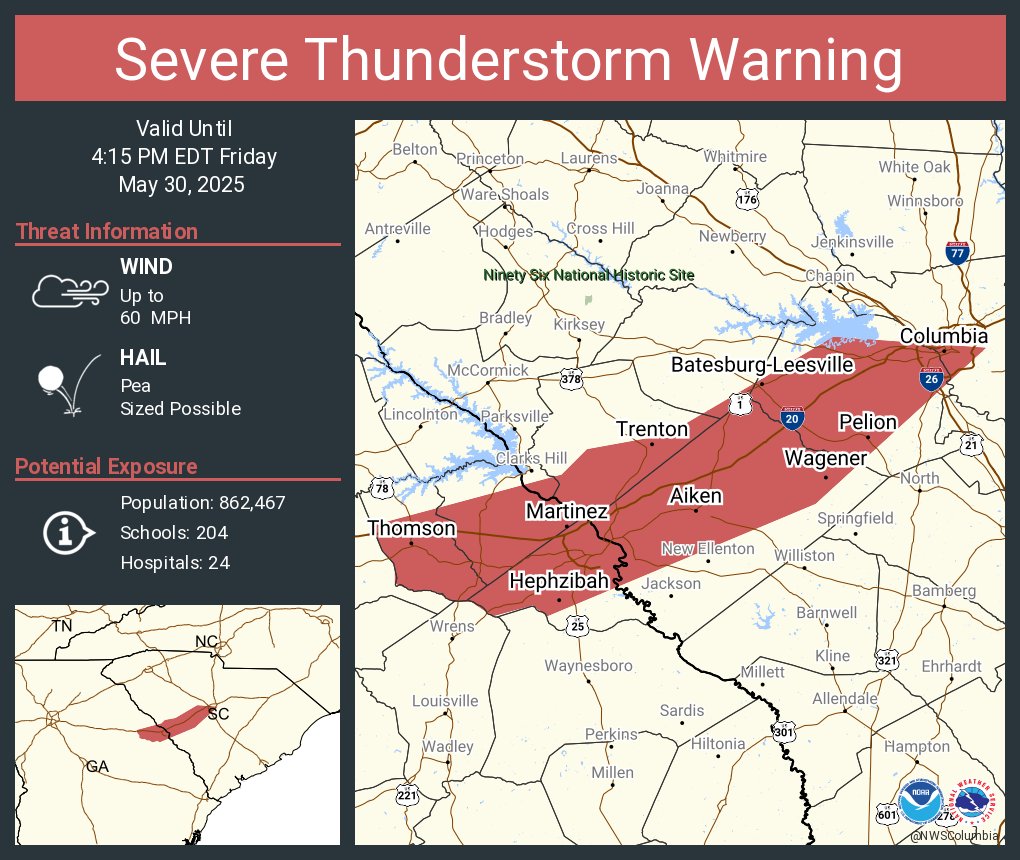 Severe Thunderstorm Warning continues for Columbia SC, Martinez GA and  Aiken SC until 4:15 PM EDT