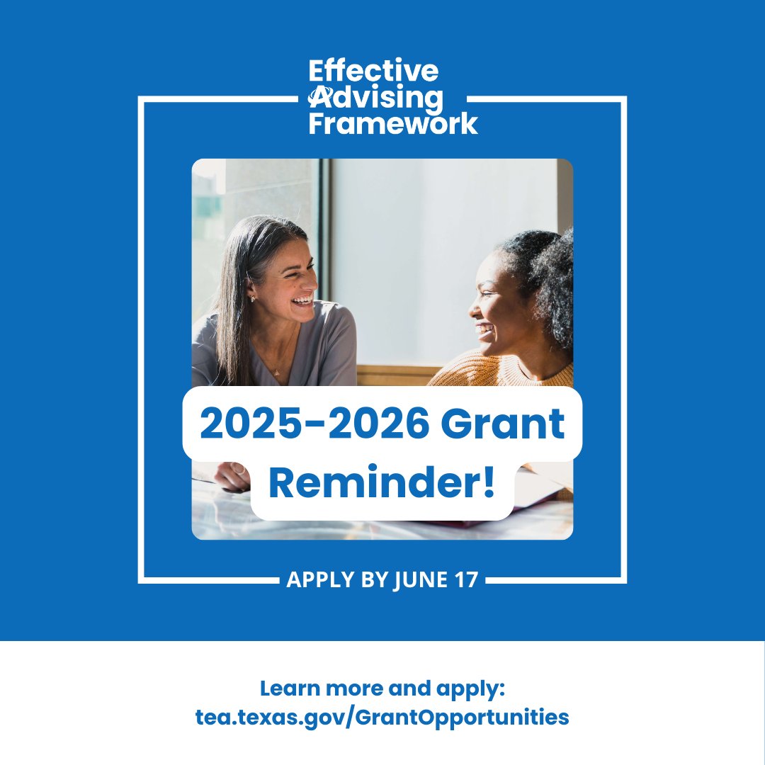 Reminder: EAF Grant applications are due June 17, 2025. Don’t miss your chance to apply for one of two Effective Advising Framework grants:
 
 🔹 EAF District Planning Grant
 🔹 EAF ESC Planning Grant
 
Learn more and apply at tea.texas.gov/GrantOpportuni….