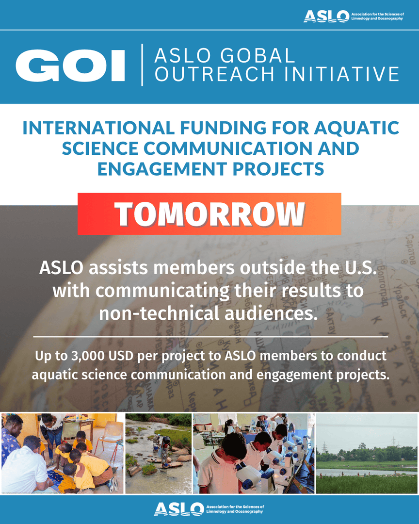 ASLO (@aslo_org) on Twitter photo 📣 DUE TOMORROW: Submit your 2025 #ASLO_GOI proposal today to receive funding for aquatic #scicomm and engagement projects outside of the United States:
 
🔗 aslo.org/call-for-propo…
🌍 promote engagement outside of the US
💴 up to 3k/project
🛑 Deadline today: 31 May 2025
✅ 📣 DUE TOMORROW: Submit your 2025 #ASLO_GOI proposal today to receive funding for aquatic #scicomm and engagement projects outside of the United States:
 
🔗 aslo.org/call-for-propo…
🌍 promote engagement outside of the US
💴 up to 3k/project
🛑 Deadline today: 31 May 2025
✅