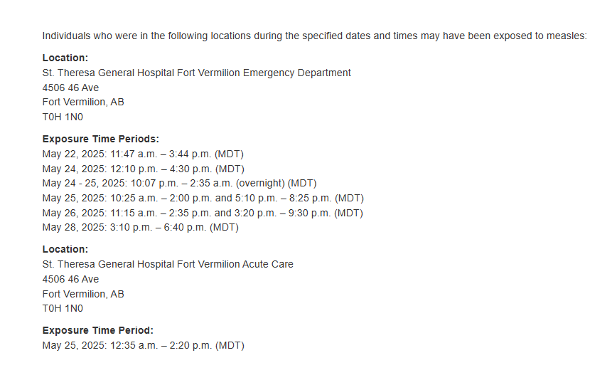 AHS_media's tweet photo. Alberta Health Services has been notified of people with confirmed measles in the North Zone who have been in a public setting while infectious. Additional locations may be released if necessary. Learn more: https://t.co/4lS6qbfRZd https://t.co/77rmj62UYn
