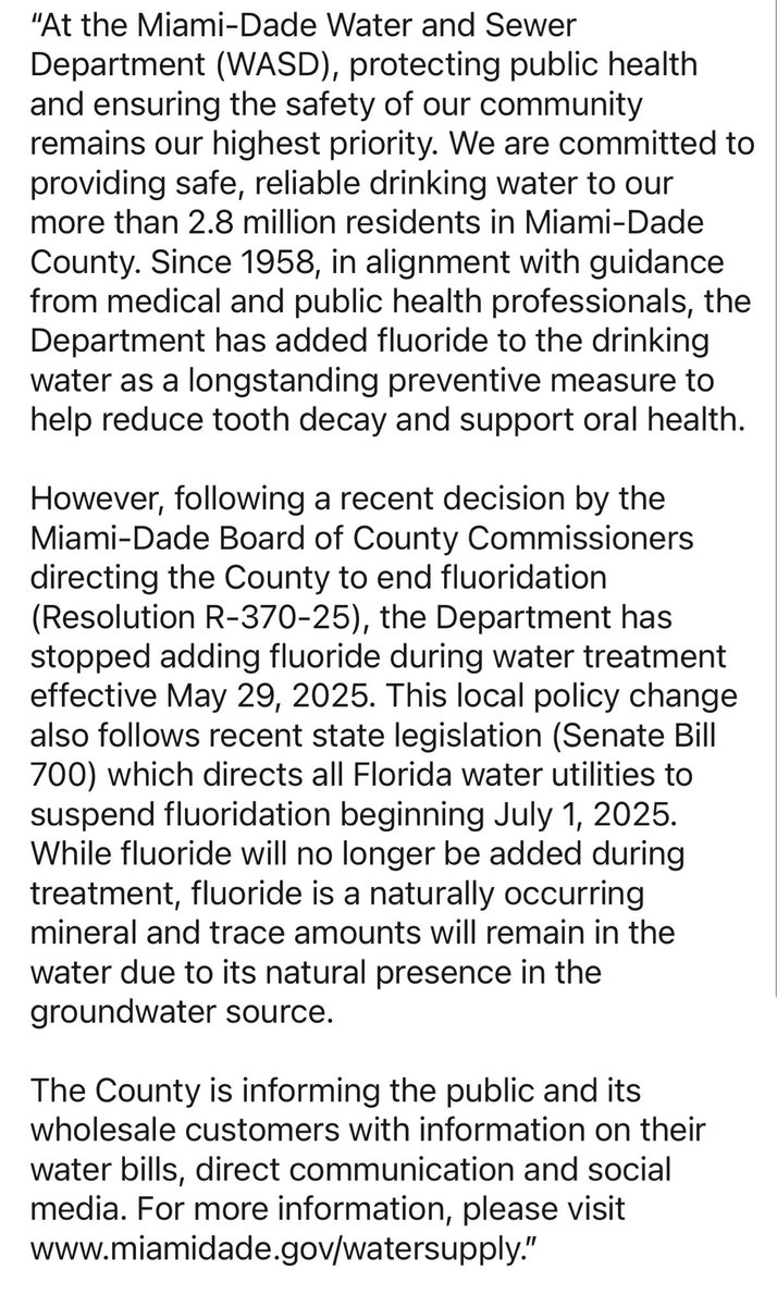 CBoomerVazquez's tweet image. #MiamiDadeCounty #Fluoride Update: “the Department has stopped adding fluoride during water treatment effective May 29, 2025.“ Full statement from departmental spokesperson attached. Background: local10.com/health/2025/05… + 
local10.com/news/local/202…