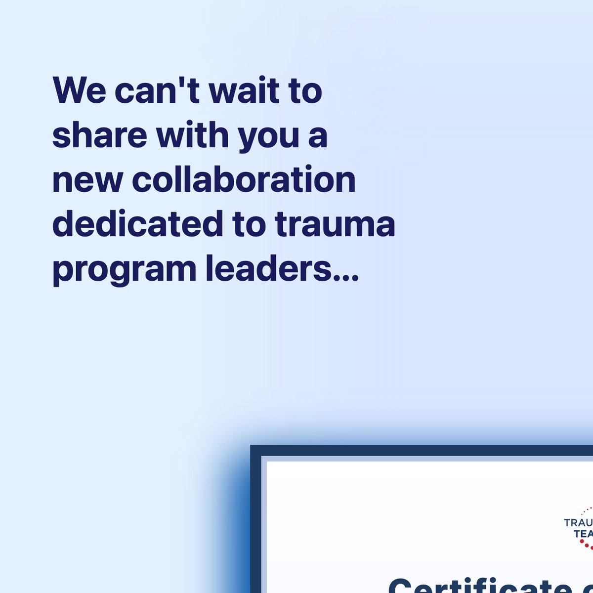 We can't wait to share with you a new program created in collaboration with great partners in the trauma community dedicated to the advancement of trauma program leaders.

Keep an eye out this coming Monday 👀

Stay tuned!

#Traumacare #TraumaLeadership #ProfessionalDevelopment